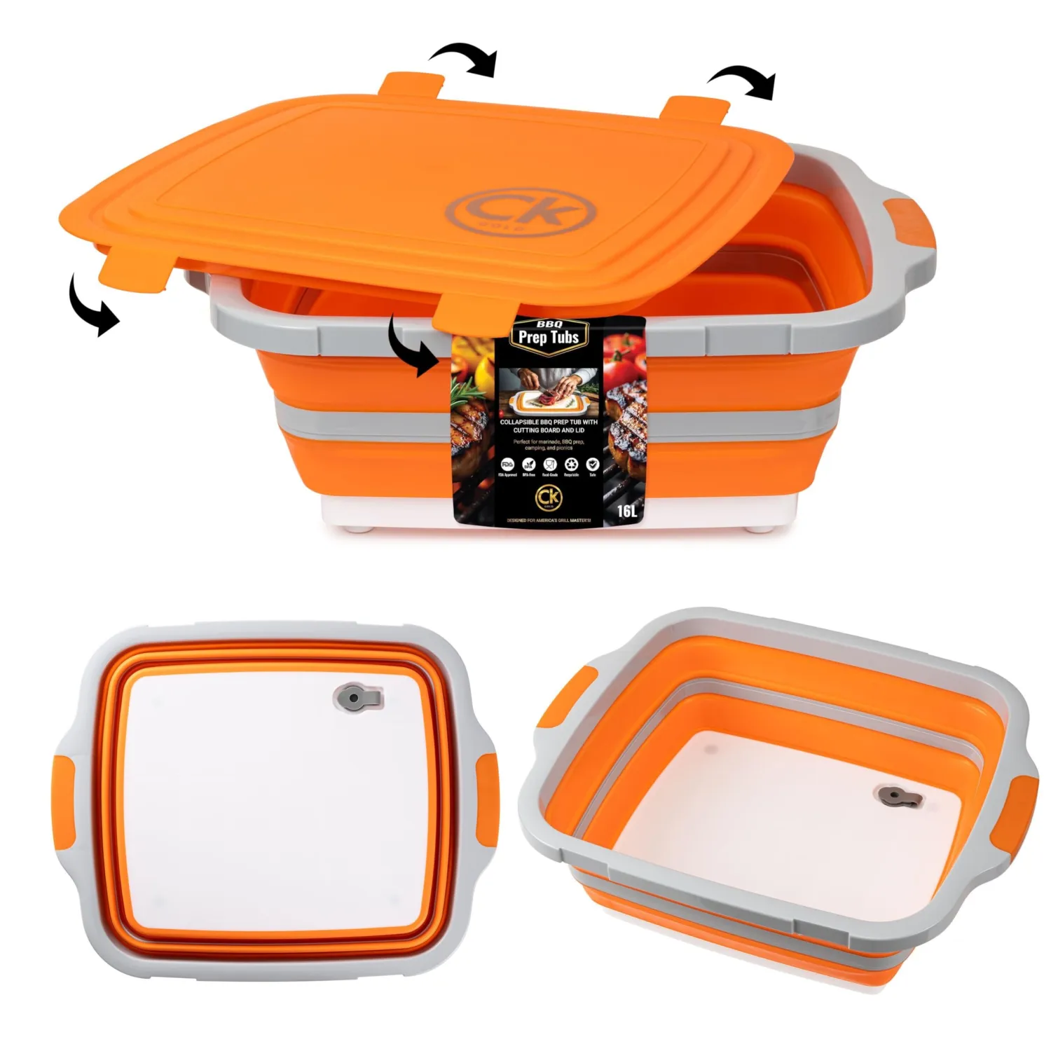 Collapsible BBQ Prep Tub - Includes Cutting Board, LOCKING Lid & Strong Drain Hole for Meal Prep & Marinating | BPA-Free, Food-Grade BBQ & Meat Prep Tubs, Best Grilling Gifts (Orange, 8 L)