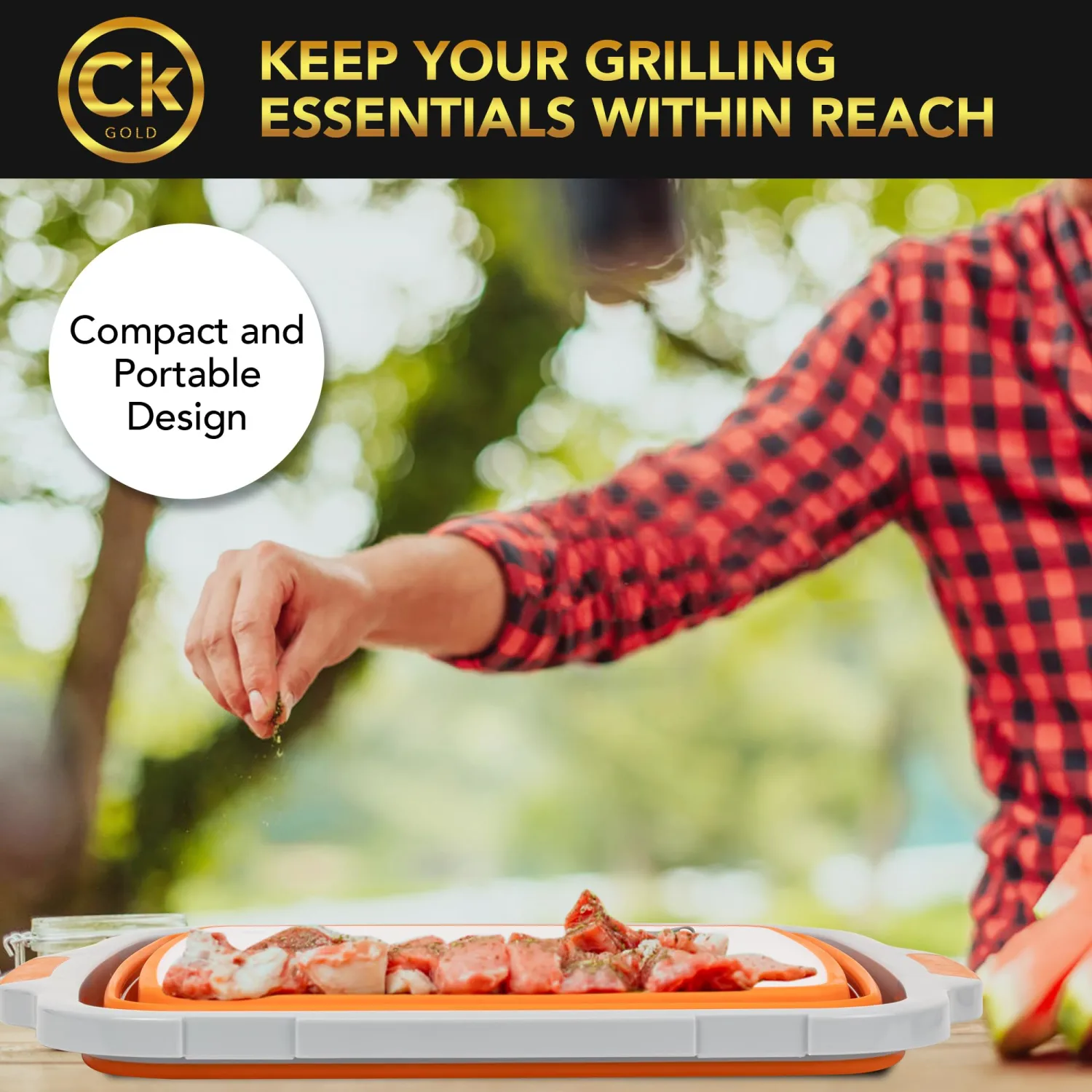 Collapsible BBQ Prep Tub - Includes Cutting Board, LOCKING Lid & Strong Drain Hole for Meal Prep & Marinating | BPA-Free, Food-Grade BBQ & Meat Prep Tubs, Best Grilling Gifts (Orange, 8 L)