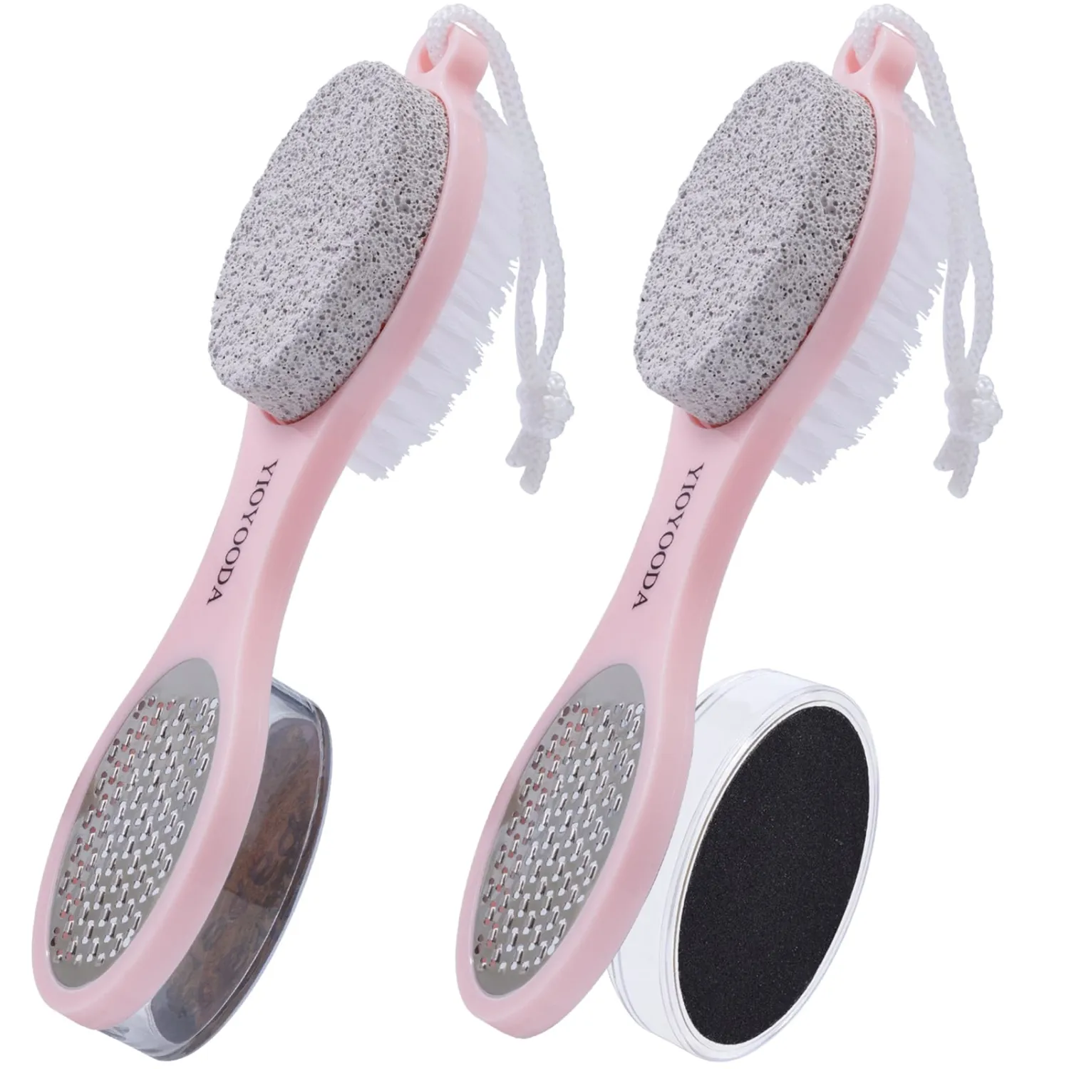 Foot File Callus Remover 5-in-1, 2 Pcs Feet Scraper Pedicure Tools with Pumice Stone, Scrubber Brush, Stainless Steel Foot Rasp and Sand Paper Debris Catcher, Multi Purpose, Pink