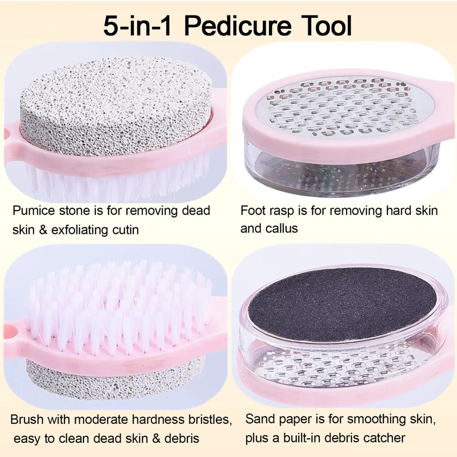 Foot File Callus Remover 5-in-1, 2 Pcs Feet Scraper Pedicure Tools with Pumice Stone, Scrubber Brush, Stainless Steel Foot Rasp and Sand Paper Debris Catcher, Multi Purpose, Pink
