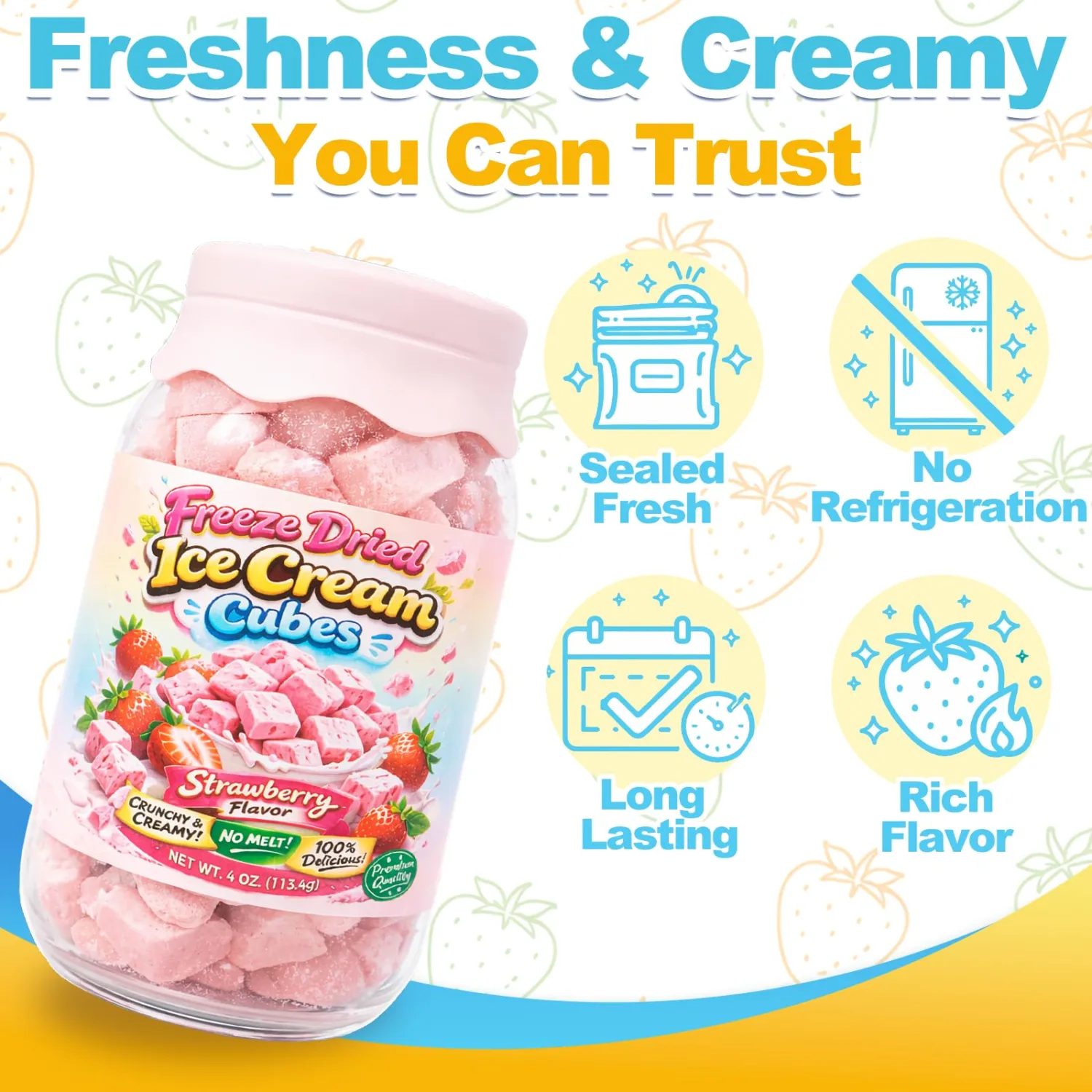 4 OZ Freeze Dried Strawberry Ice Cream Cubes, Crunchy No Melt Snack, Real Ice Cream Flavor, Lightweight Dessert for Camping, Parties, Road Trips & Gifts
