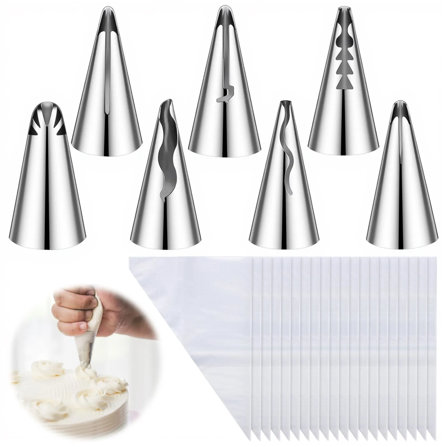 Frosting Bags and Tips, 7 Pcs Stainless Steel Russian Nozzles Cake Icing Tools with 20 Piping Bags Frosting Pipings Kit for Pastry Fondant Cupcakes Cake Decorating
