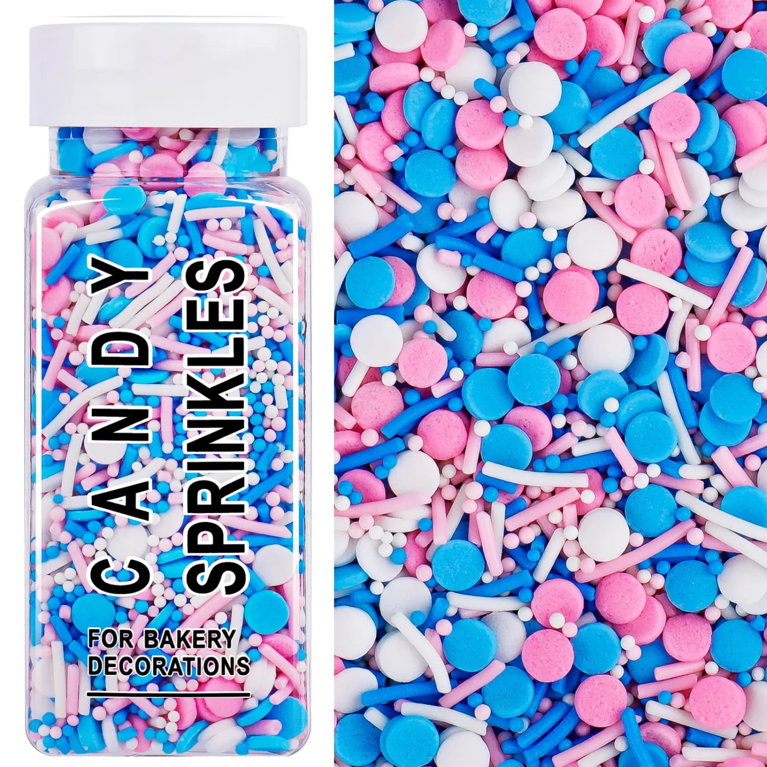 Pink Blue White Sprinkles for Cake Decorating, 4.6oz Pastel Sprinkles 3-Mix Nonpareils Confetti Jimmies for Cupcakes Ice Cream Dessert