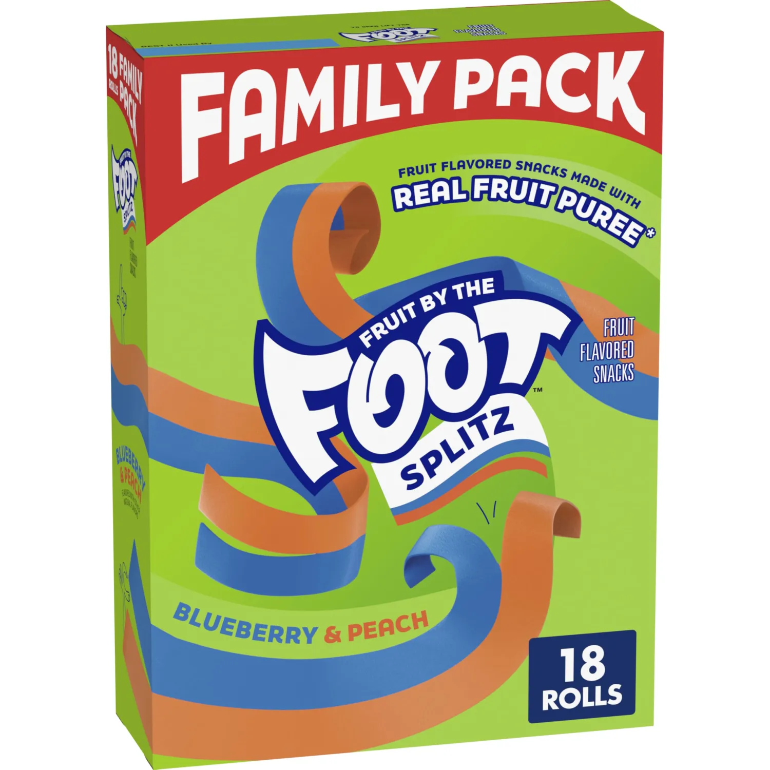 Fruit by the Foot Splitz Fruit Flavored Snacks, Blueberry and Peach, Gluten Free, Family Pack, 18 Rolls, 13.5 oz