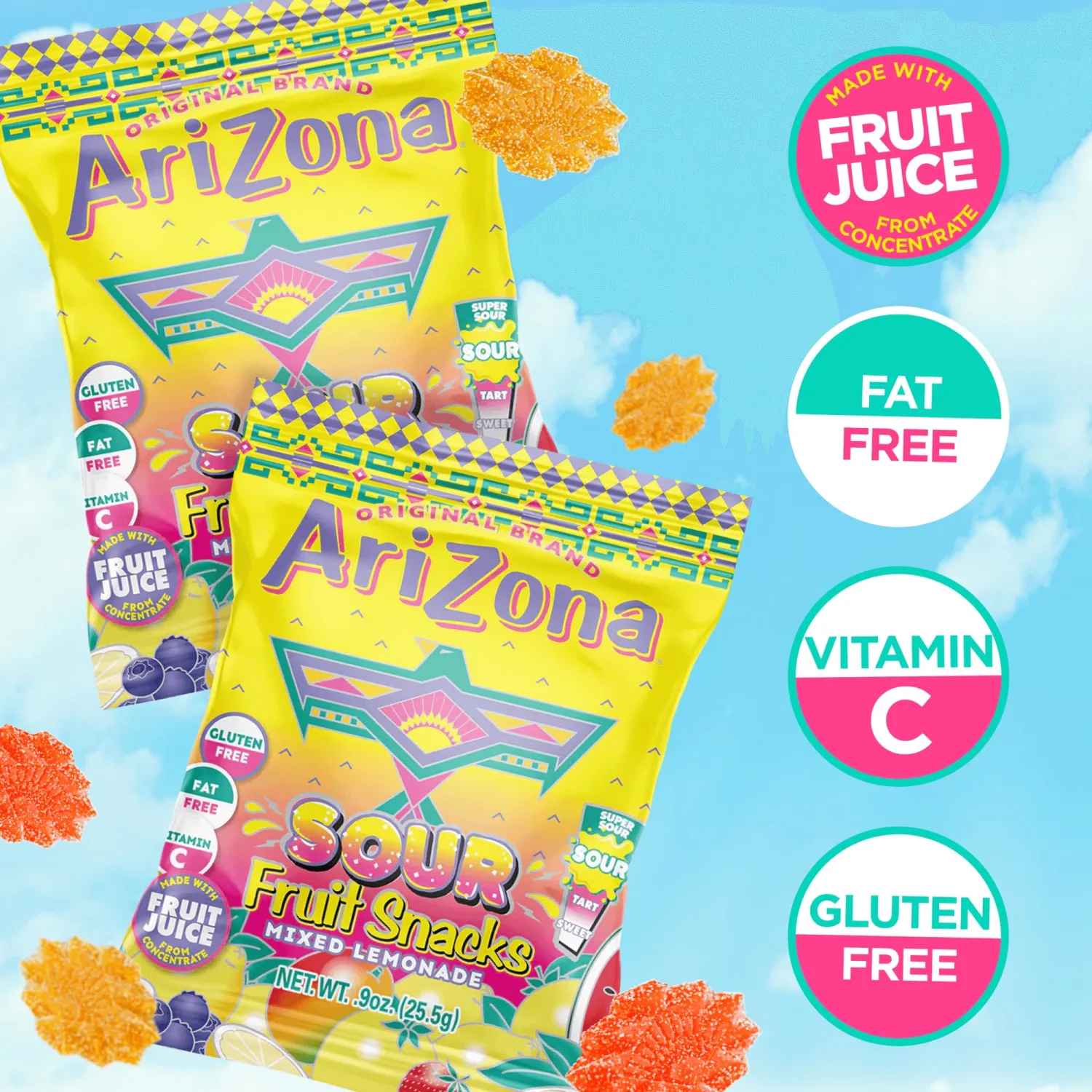 AriZona Lemonade Fruit Snacks, Sour Lemonade - 0.9 oz, 10 count Box (Pack of 2)