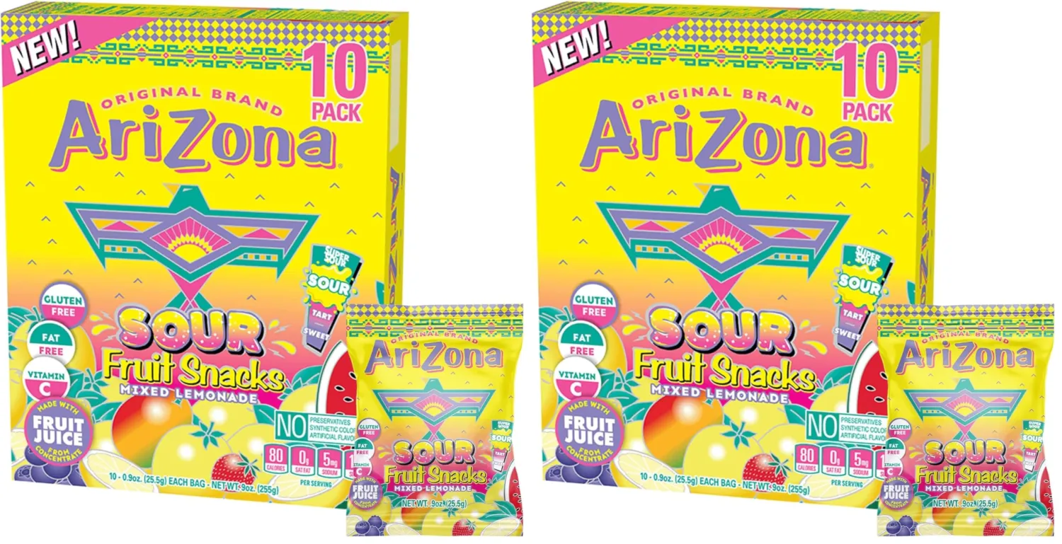 AriZona Lemonade Fruit Snacks, Sour Lemonade - 0.9 oz, 10 count Box (Pack of 2)