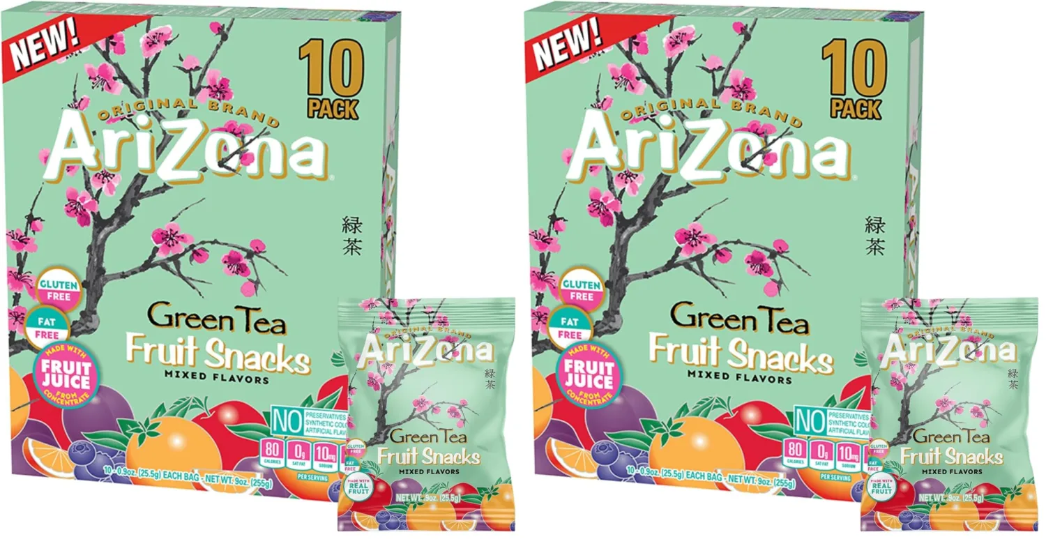 AriZona Iced Tea Fruit Snacks, Green Tea - 0.9 oz, 10 count Box (Pack of 2)
