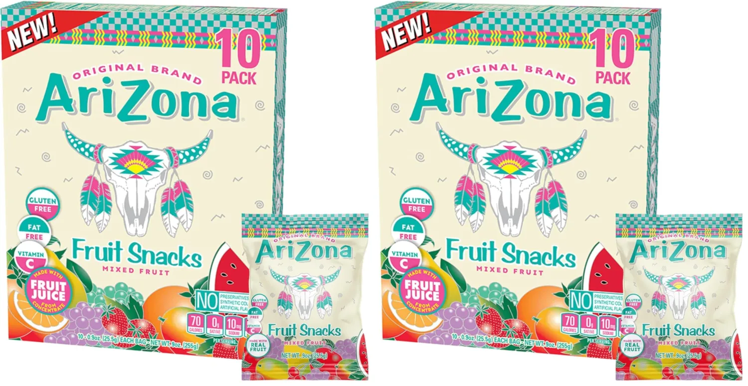 AriZona Iced Tea Fruit Snacks, Mixed Fruit - 0.9 oz, 10 count Box (Pack of 2)