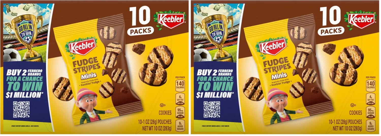 Keebler Fudge Stripes Minis, Original Shortbread Mini Cookies Coated in Keebler Fudge, 1 oz, 10 ct (Pack of 2)