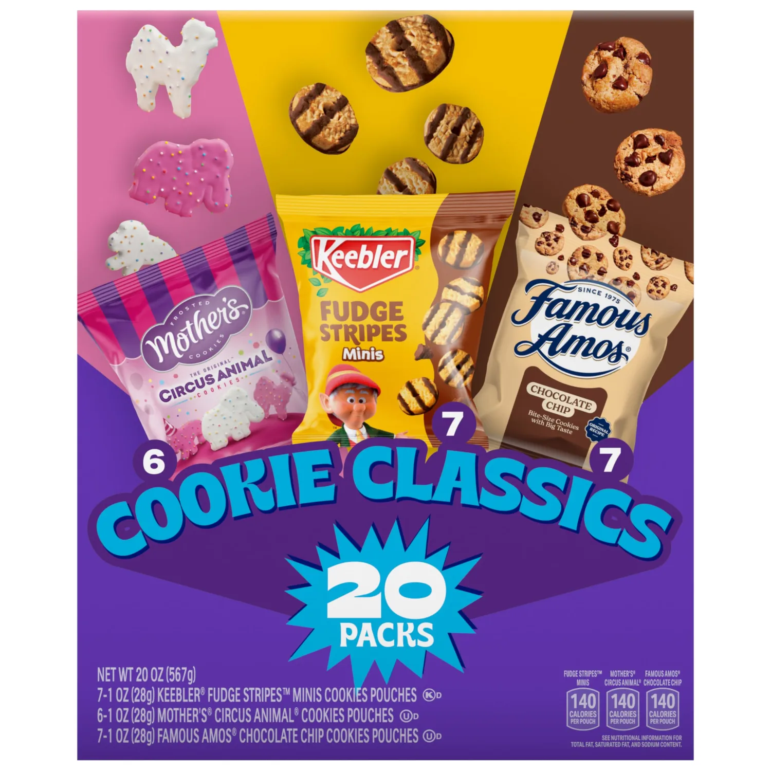 Assorted Cookie Classics Variety Pack - Mother’s Circus, Keebler Fudge Stripes & Famous Amos, 20 Pouch Box, 20 oz (Pack of 2)