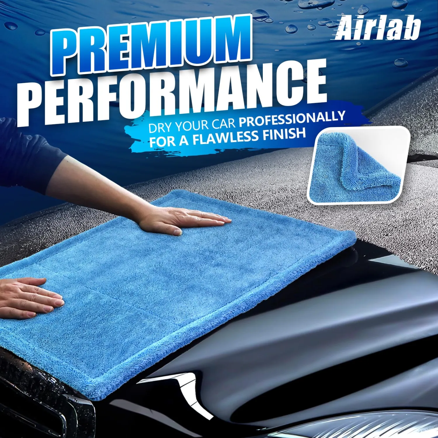 Airlab Car Drying Towel Microfiber Towels for Cars 1200 GSM Wash Auto Detailing Supplies Twist Pile Cleaning Cloth Absorbent Quick Dry Soft Loop Dry Flash Towel, 24 x 16 Inch,Pack of 1, Blue