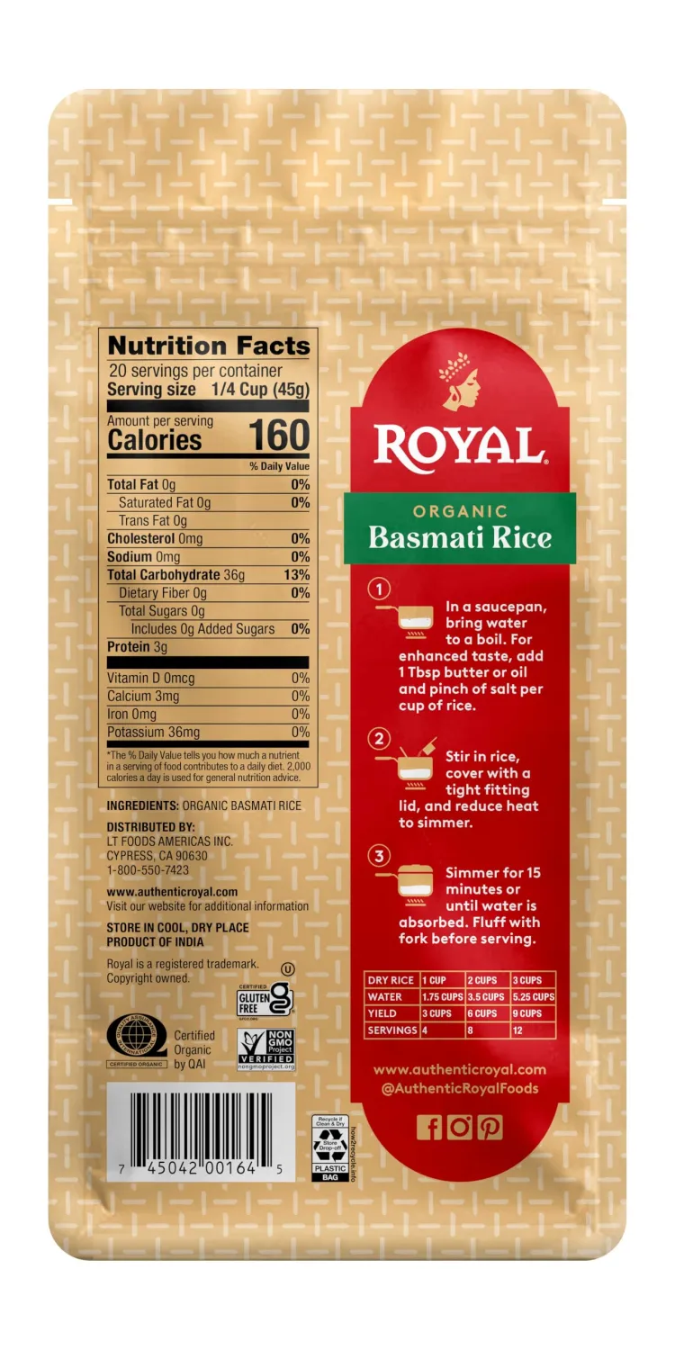 Royal Organic Basmati Rice - Long Grain White Rice - 2 lb Bag - Perfect for Biryanis, Pilafs & Curries - Cook on Stove Top