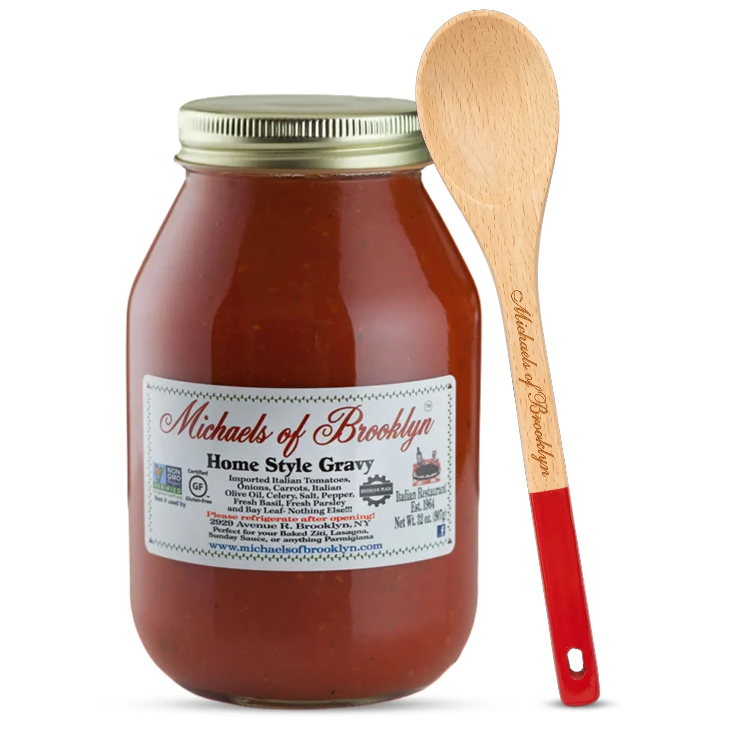 Michaels of Brooklyn Home Style Gravy, 32 oz with Spoon - Pasta Sauce Jar with Imported Italian Tomatoes, Fresh Basil & Parsley - Non-GMO, Certified Gluten Free Italian Tomato Sauce Jar
