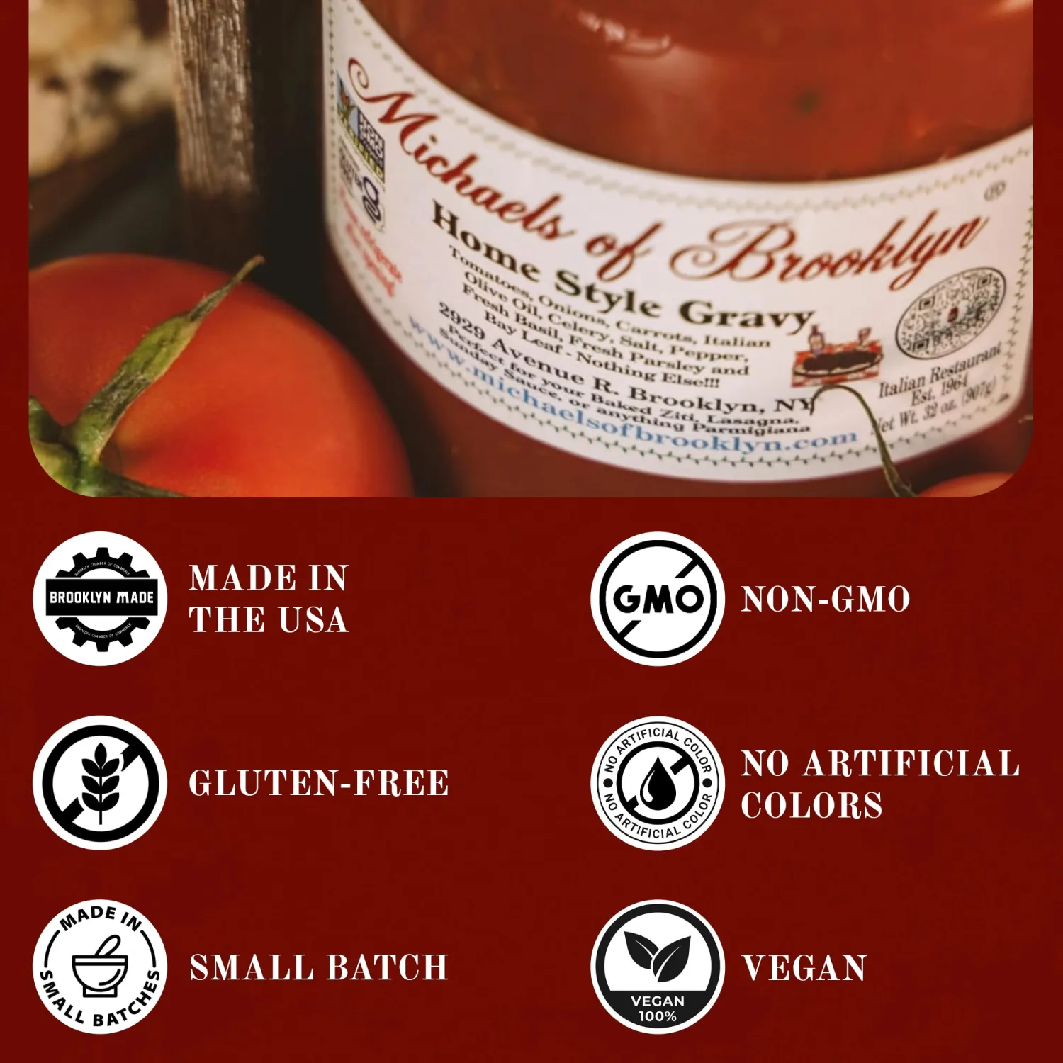 Michaels of Brooklyn Home Style Gravy, 32 oz with Spoon - Pasta Sauce Jar with Imported Italian Tomatoes, Fresh Basil & Parsley - Non-GMO, Certified Gluten Free Italian Tomato Sauce Jar