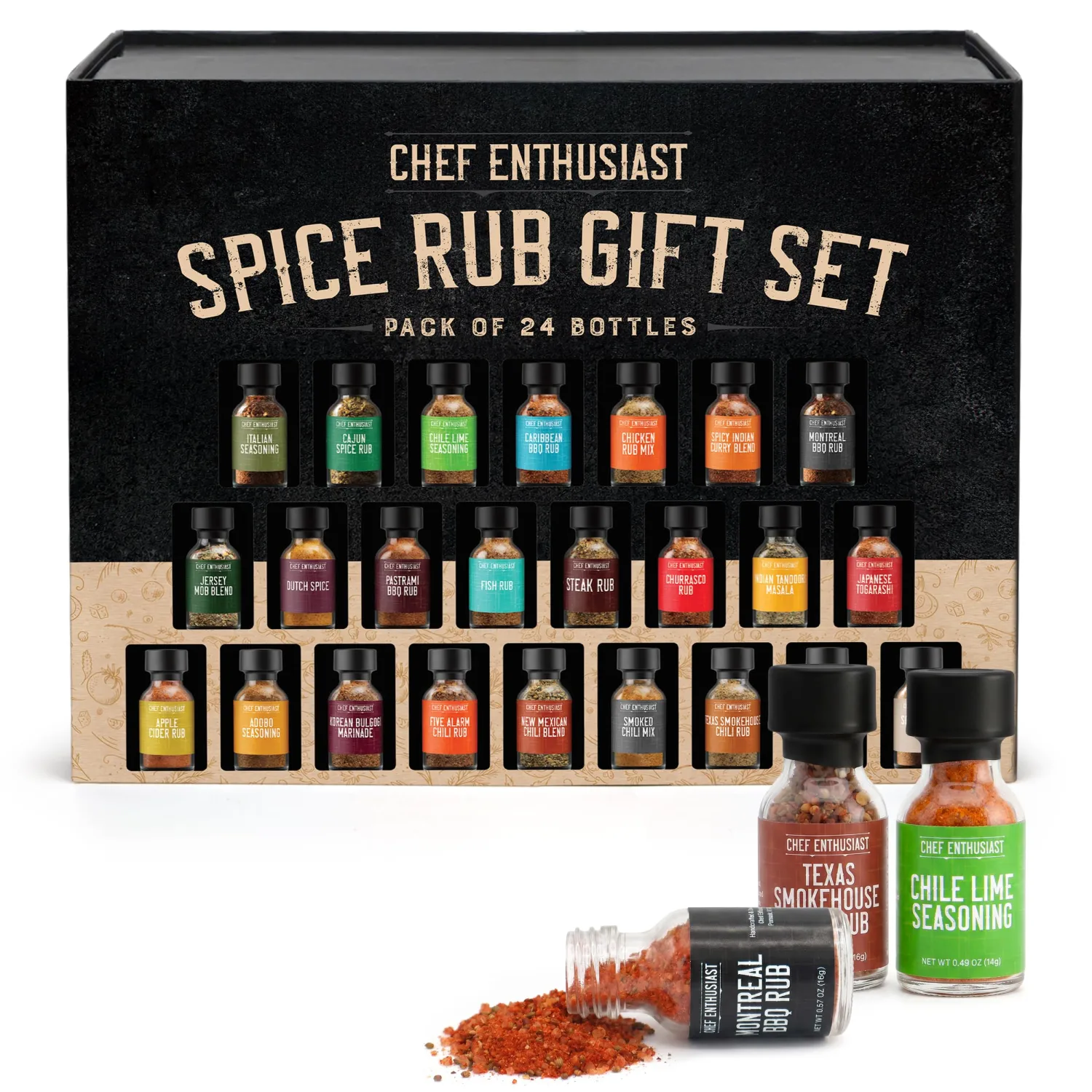 Grilling Spices & Seasoning Gift Set - 24 Unique Gourmet BBQ Spice Rub Sampler - Gift Set for Birthday, Anniversary, Men, Dads, Husbands - By Chef Enthusiasts