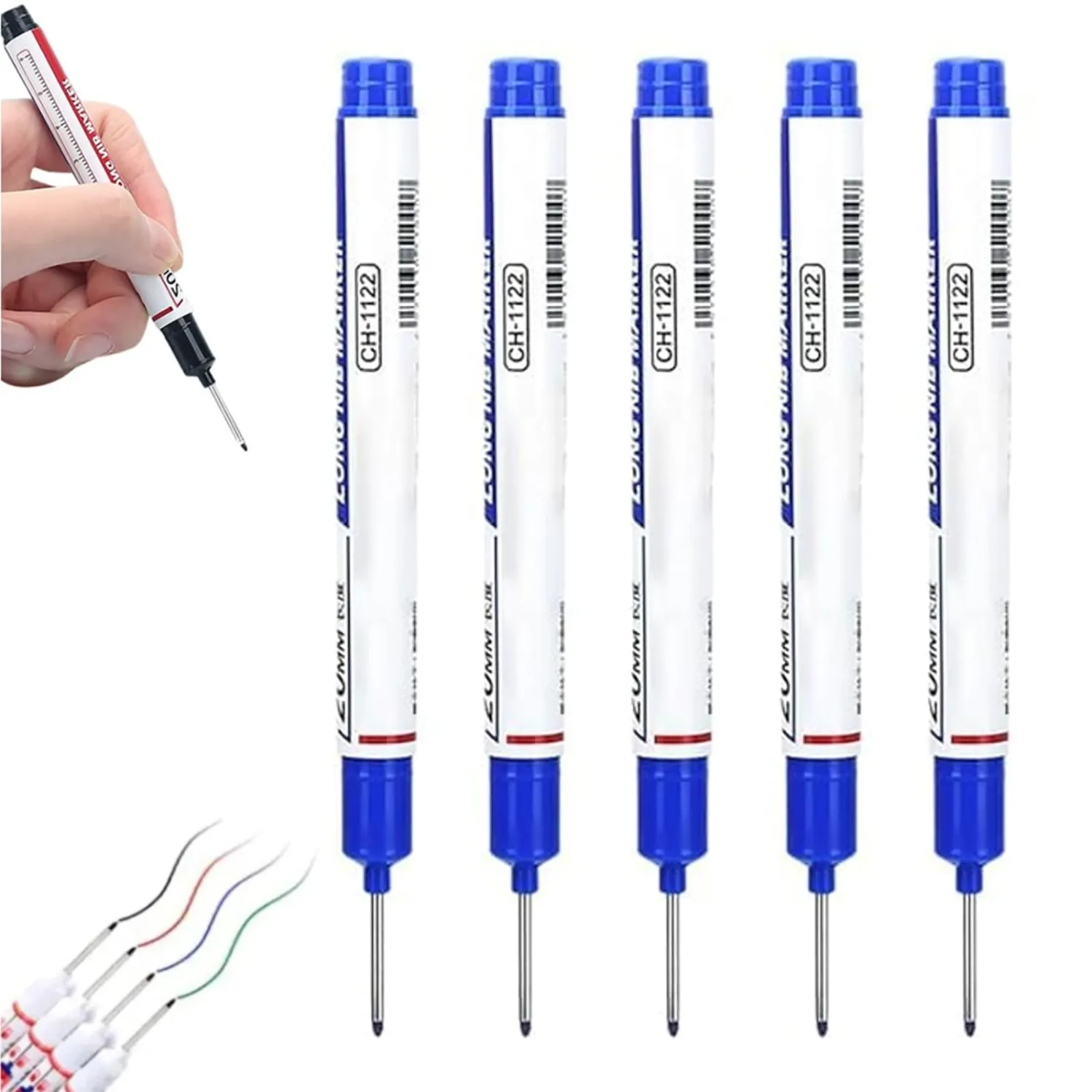 5Pcs Long Head Deep Hole Marker Pens, Upgrade 20mm Quick-dry Waterproof Long Nib Permanent Markers, Construction Marking Tool, Carpenter Ink Marker Pens Metal Marking Pen (Blue)