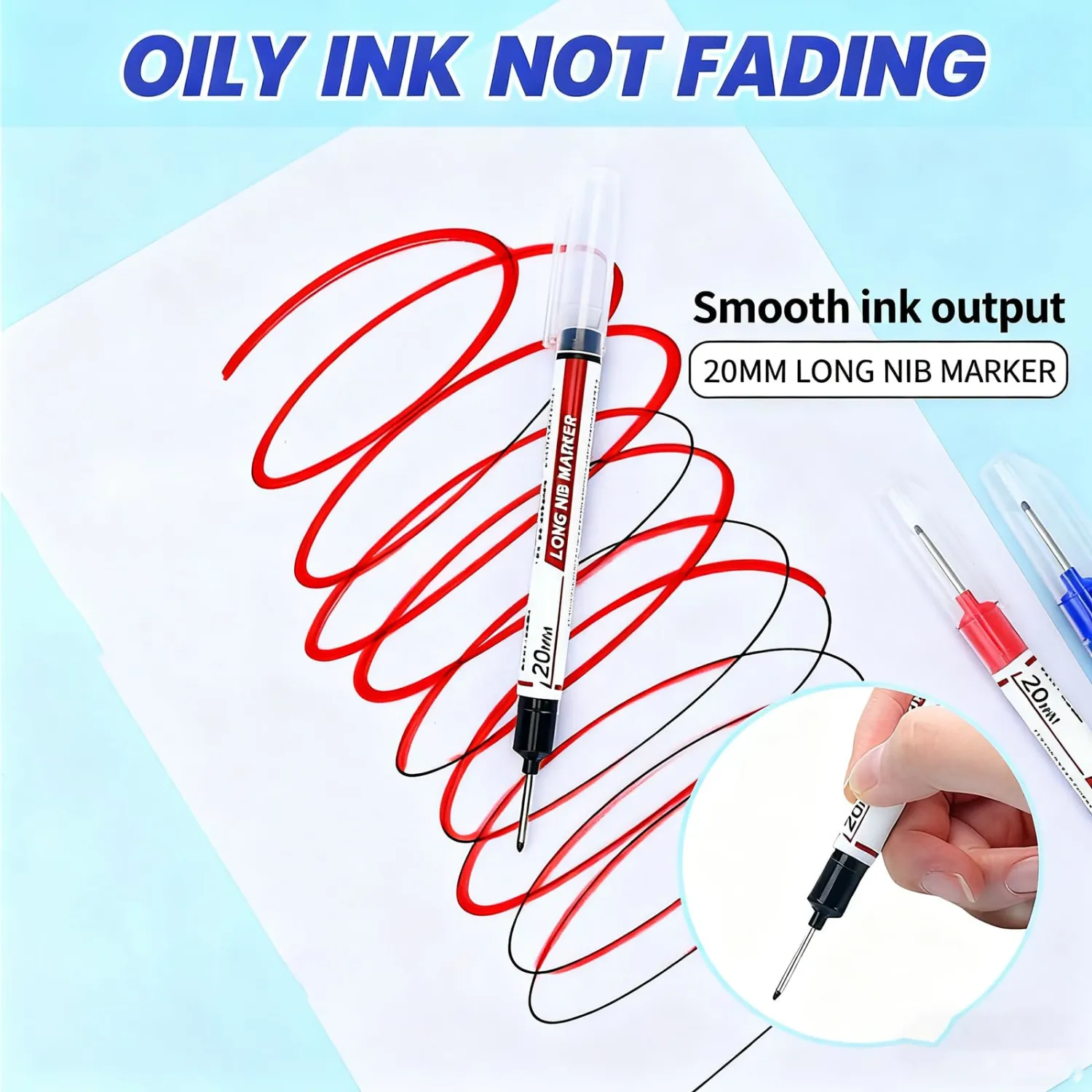 5Pcs Long Head Deep Hole Marker Pens, Upgrade 20mm Quick-dry Waterproof Long Nib Permanent Markers, Construction Marking Tool, Carpenter Ink Marker Pens Metal Marking Pen (Blue)