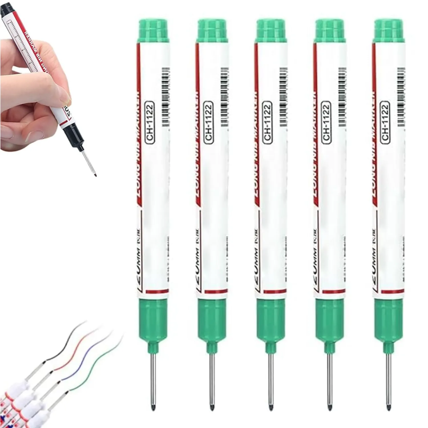 5Pcs Long Head Deep Hole Marker Pens, Upgrade 20mm Quick-dry Waterproof Long Nib Permanent Markers, Construction Marking Tool, Carpenter Ink Marker Pens Metal Marking Pen (Green)