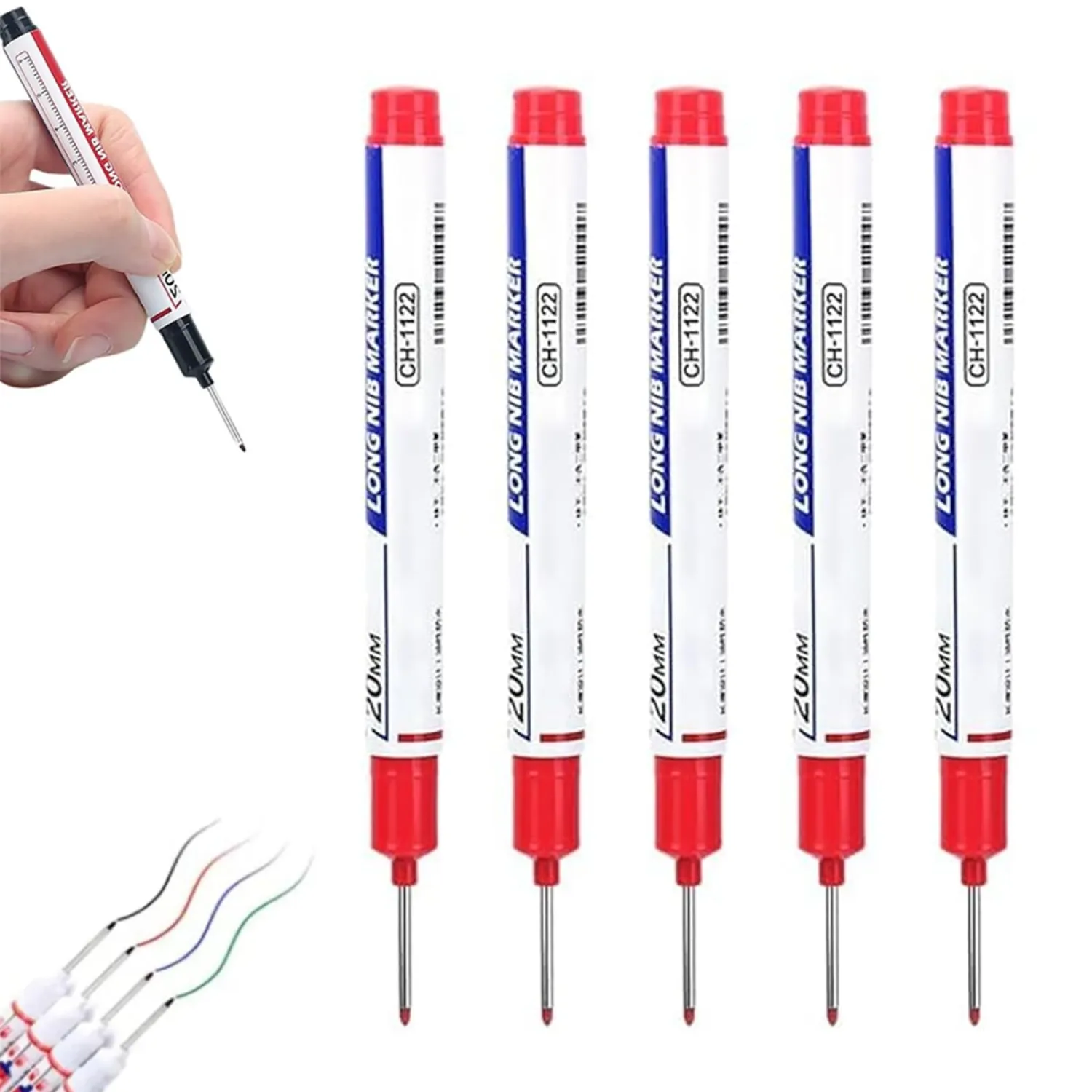 5Pcs Long Head Deep Hole Marker Pens, Upgrade 20mm Quick-dry Waterproof Long Nib Permanent Markers, Construction Marking Tool, Carpenter Ink Marker Pens Metal Marking Pen (Red)