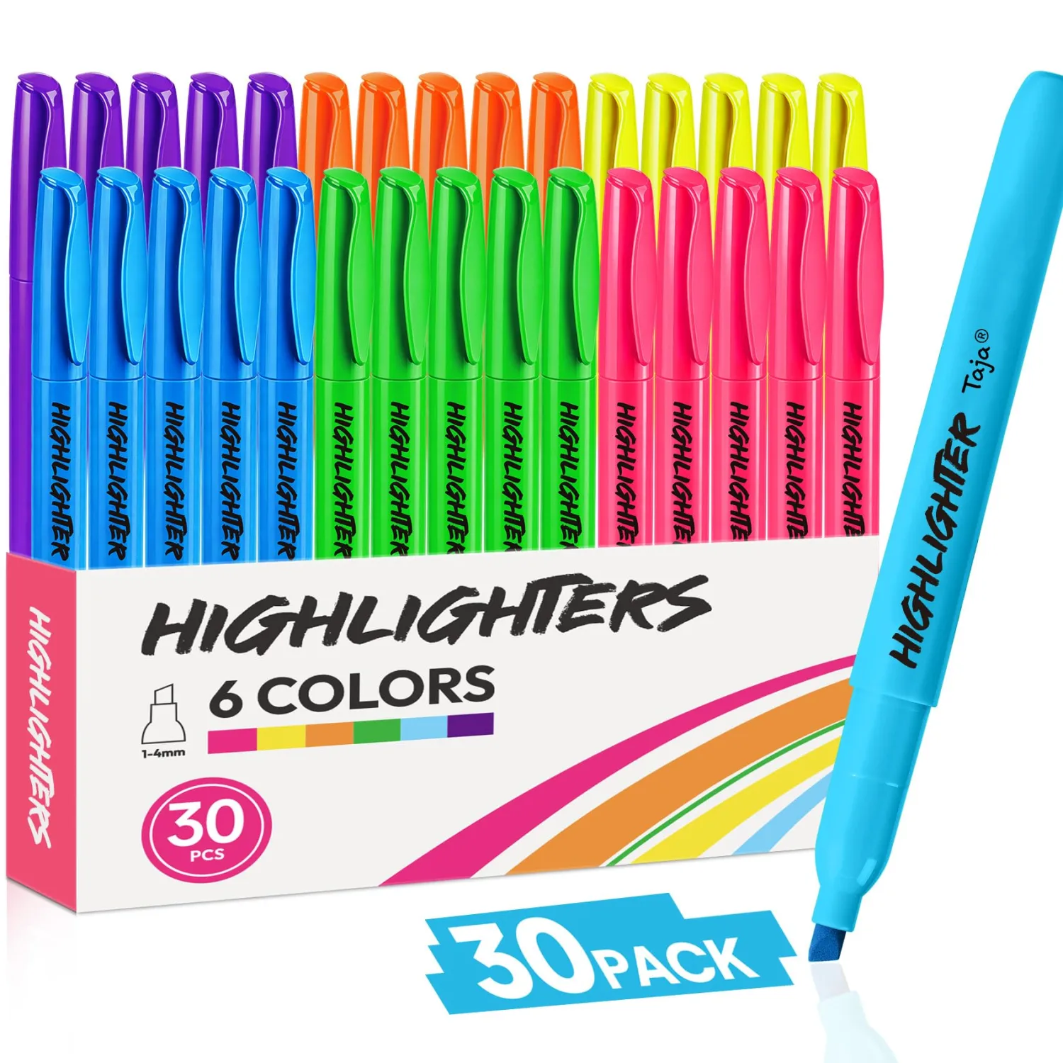 Taja 30 Pack Highlighters Assorted 6 Colors, Chisel Tip Markers with Smooth Quick-Drying Ink, Broad & Precise Lines for Notes, Ideal for School and Office Supplies