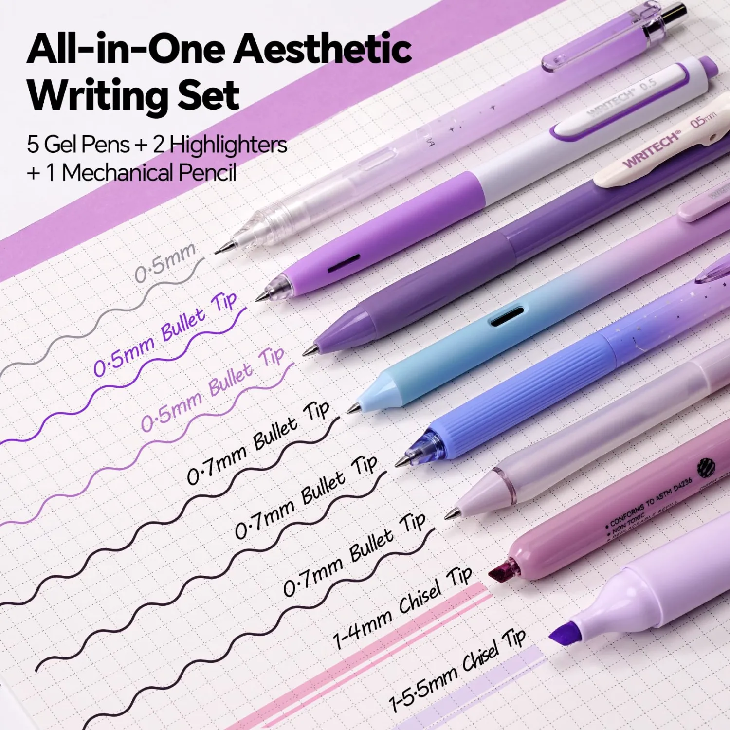 WRITECH Gel Pens Journaling Highlighters: Purple Journal Set Assorted Pastel Color 0.5mm&0.7mm Fine Point Retractable Black Ink Pen Mechanical Pencil Smooth Writing Drawing 8ct