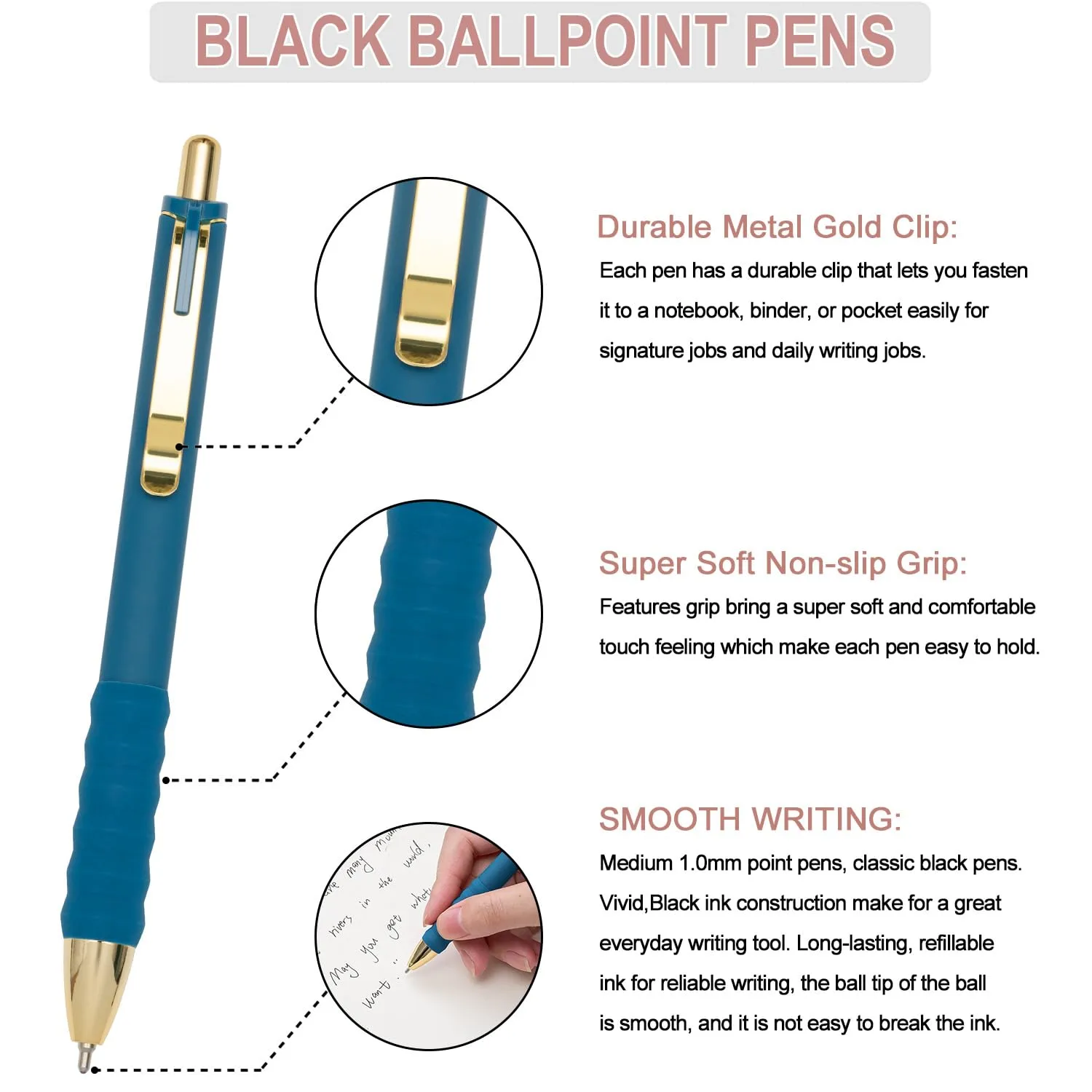 Linbsunne Ballpoint Pens Black Medium Point 1mm Pen with Super Soft Grip Ball Point Pen for Men Women Retractable Pens (Vintage-12 pcs)