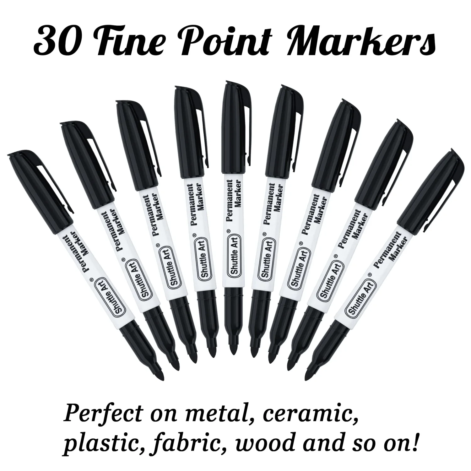 Shuttle Art Permanent Markers, 30 Pack Black Permanent Marker set, Fine Point, Works on Plastic, Wood, Stone, Metal and Glass for Doodling, Marking