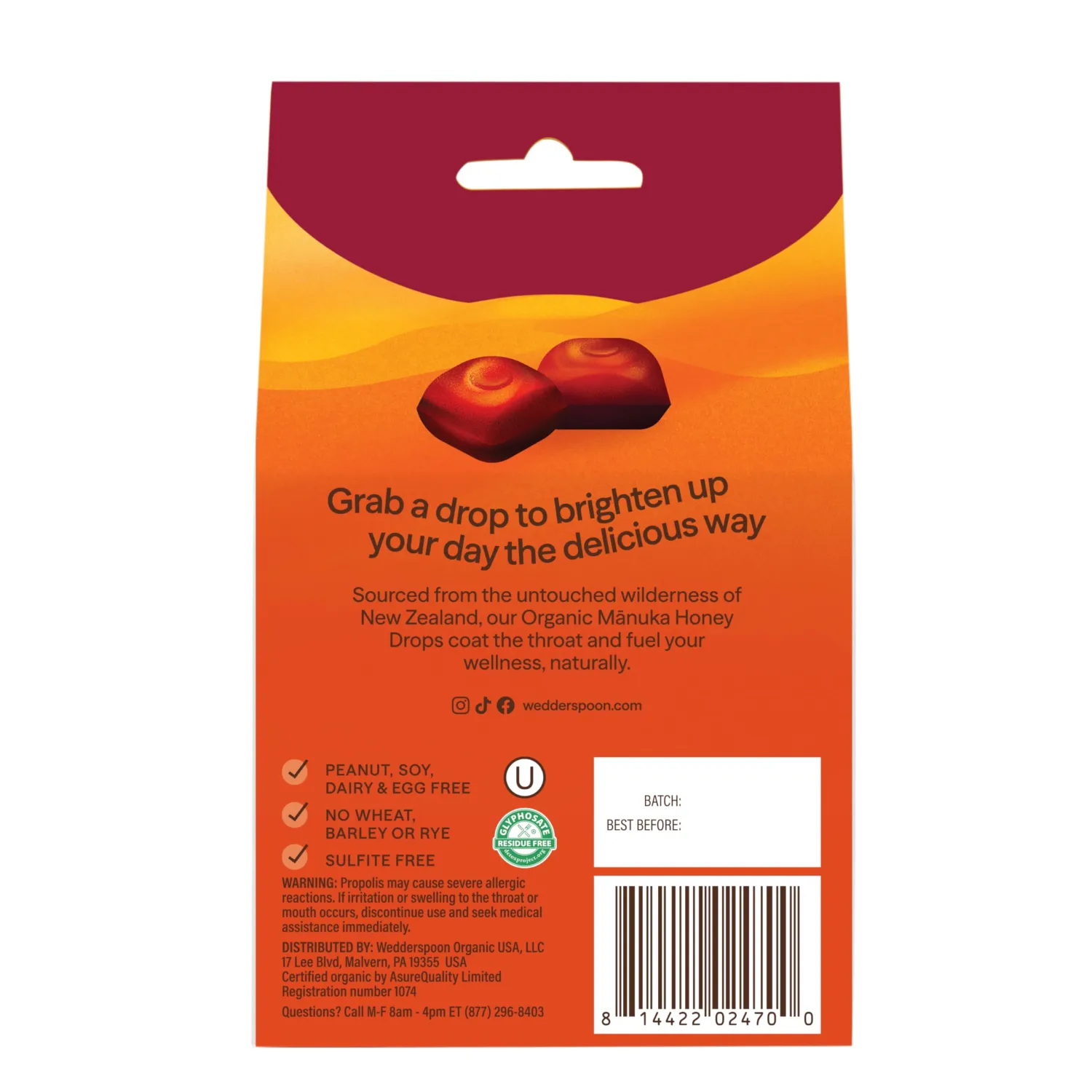 Wedderspoon Organic Manuka Honey Drops, Cherry, 20 Ct