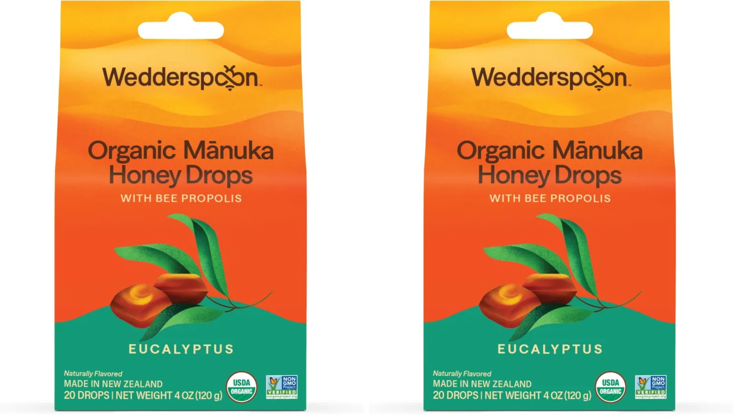 Wedderspoon Organic Manuka Honey Drops, Eucalyptus & Bee Propolis, 20 Count (4oz) Genuine New Zealand Honey | Perfect Remedy for Dry Throats - (Pack of 2)