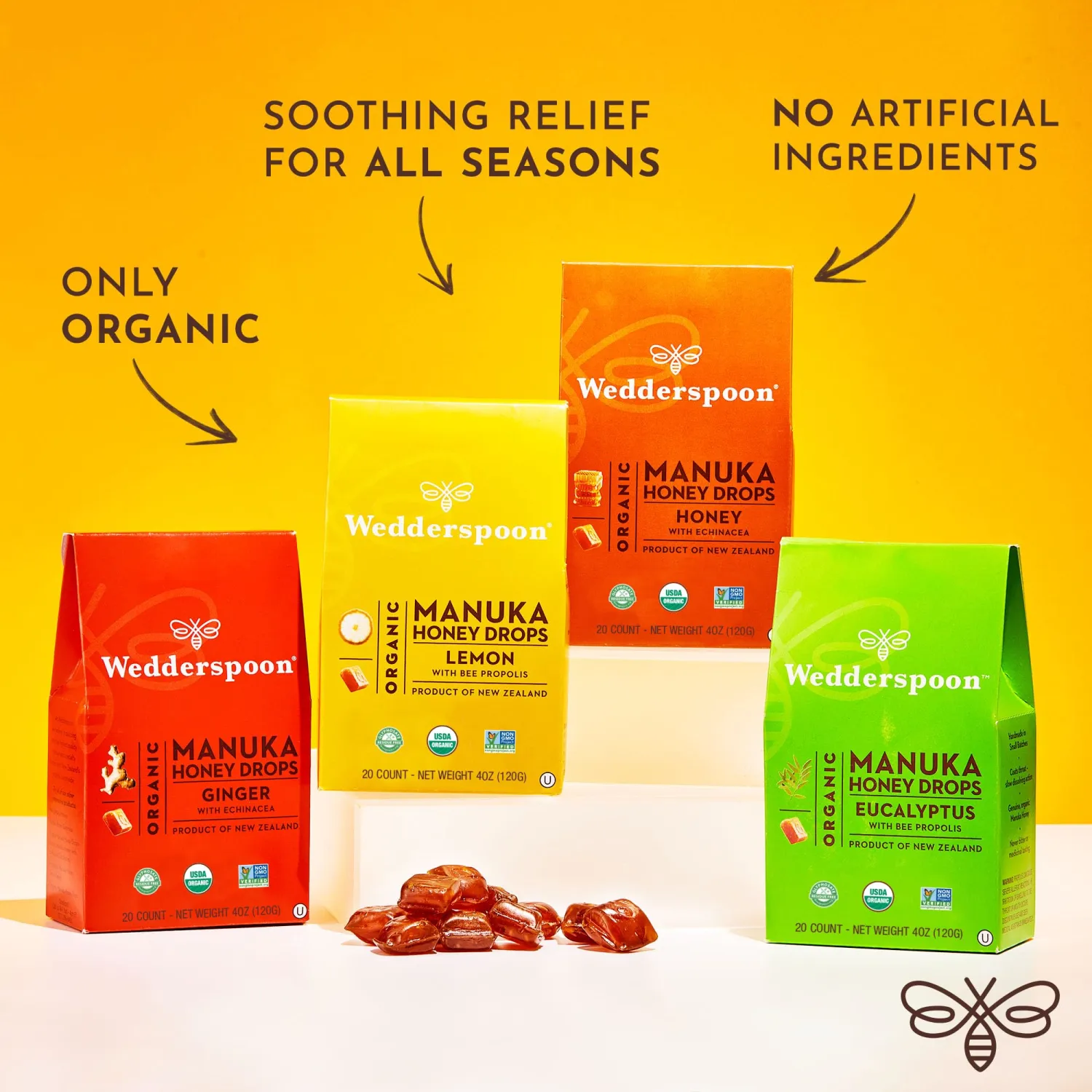 Wedderspoon Organic Manuka Honey Drops, Eucalyptus & Bee Propolis, 20 Count (4oz) Genuine New Zealand Honey | Perfect Remedy for Dry Throats - (Pack of 2)
