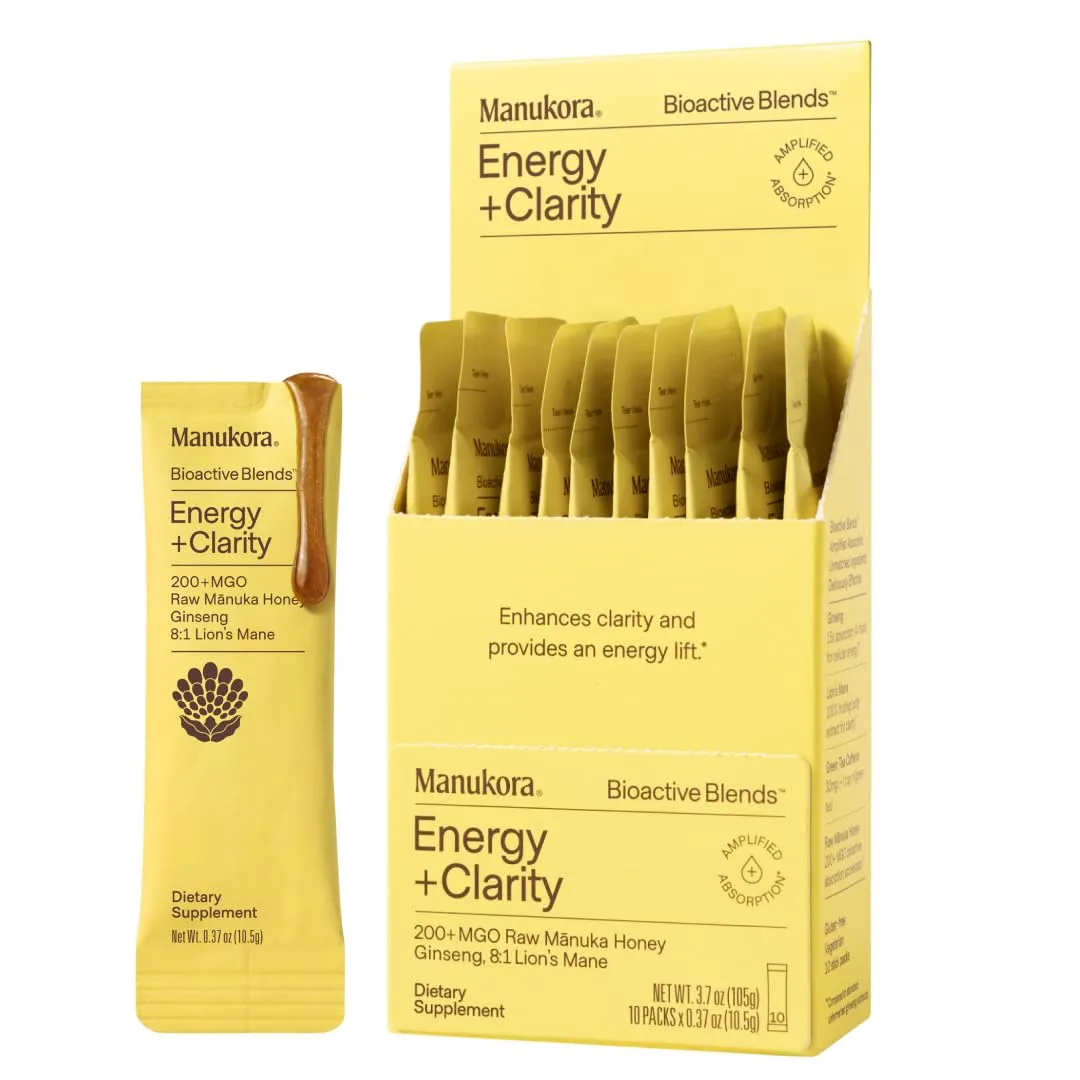 Manukora Energy + Clarity Supplement, Ginseng, Lion's Mane & Green Tea Extract with Manuka Honey, Supports Focus, Cognitive Clarity, Energy & Improved Absorption, 3rd-Party Tested, Non-GMO, 10 Packets