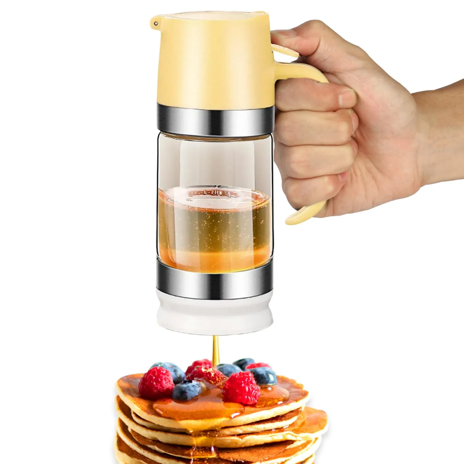 Glass Honey Dispenser No Drip, Maple Syrup Dispenser for Coffee, Tea, Pancake, Yellow (9 OZ, 1 Pack) U01
