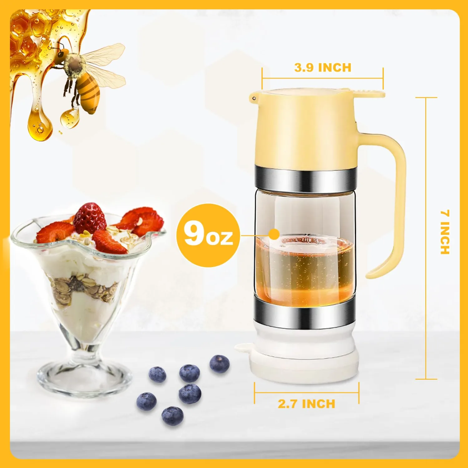 Glass Honey Dispenser No Drip, Maple Syrup Dispenser for Coffee, Tea, Pancake, Yellow (9 OZ, 1 Pack) U01