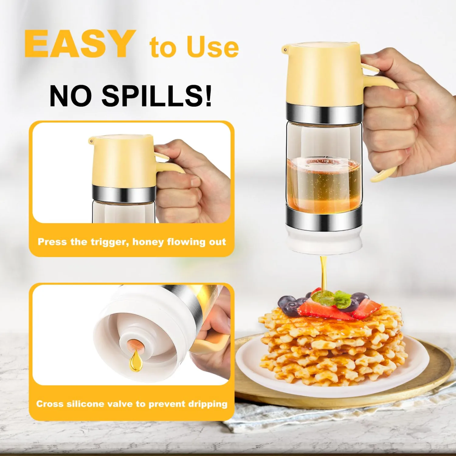 Glass Honey Dispenser No Drip, Maple Syrup Dispenser for Coffee, Tea, Pancake, Yellow (9 OZ, 1 Pack) U01