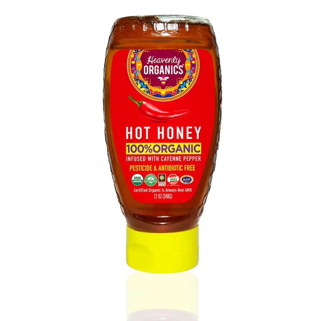 Heavenly Organics Hot Honey, 100% Organic | Raw Honey Infused with Cayenne Pepper | Unheated, Lightly Filtered | Sweet & Spicy Natural Sweetener | Fair Trade, Glyphosate Free, Kosher | 12 oz Squeeze