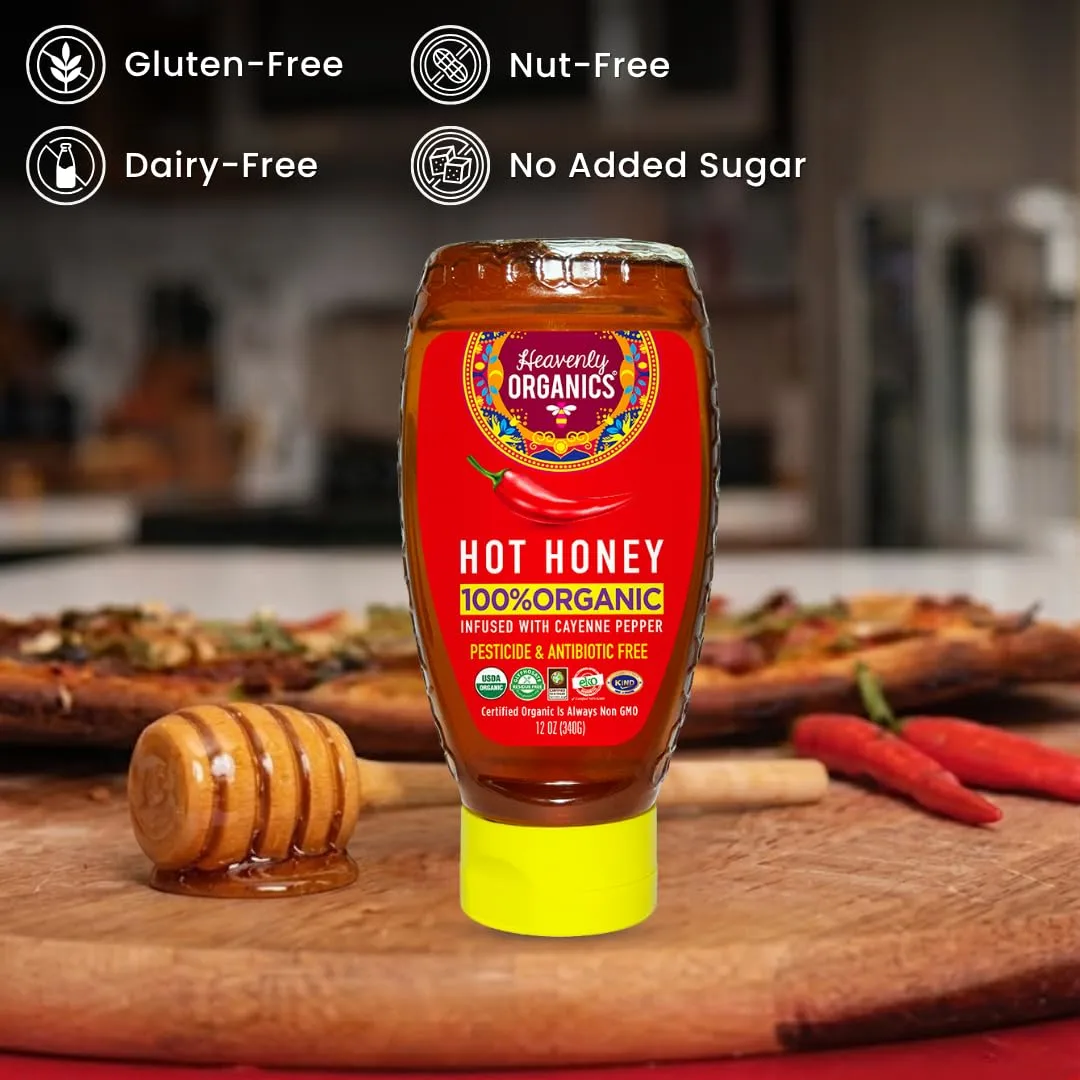 Heavenly Organics Hot Honey, 100% Organic | Raw Honey Infused with Cayenne Pepper | Unheated, Lightly Filtered | Sweet & Spicy Natural Sweetener | Fair Trade, Glyphosate Free, Kosher | 12 oz Squeeze