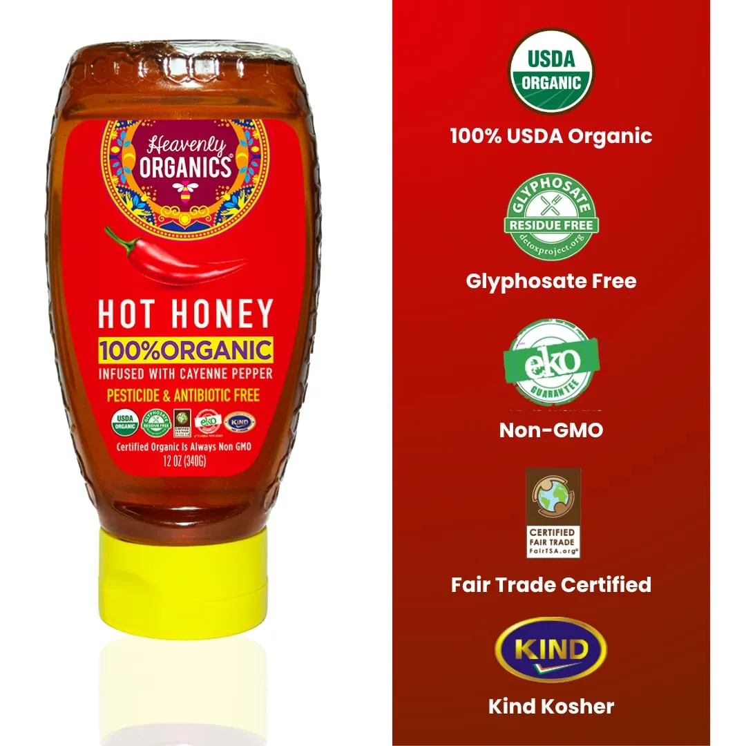 Heavenly Organics Hot Honey, 100% Organic | Raw Honey Infused with Cayenne Pepper | Unheated, Lightly Filtered | Sweet & Spicy Natural Sweetener | Fair Trade, Glyphosate Free, Kosher | 12 oz Squeeze