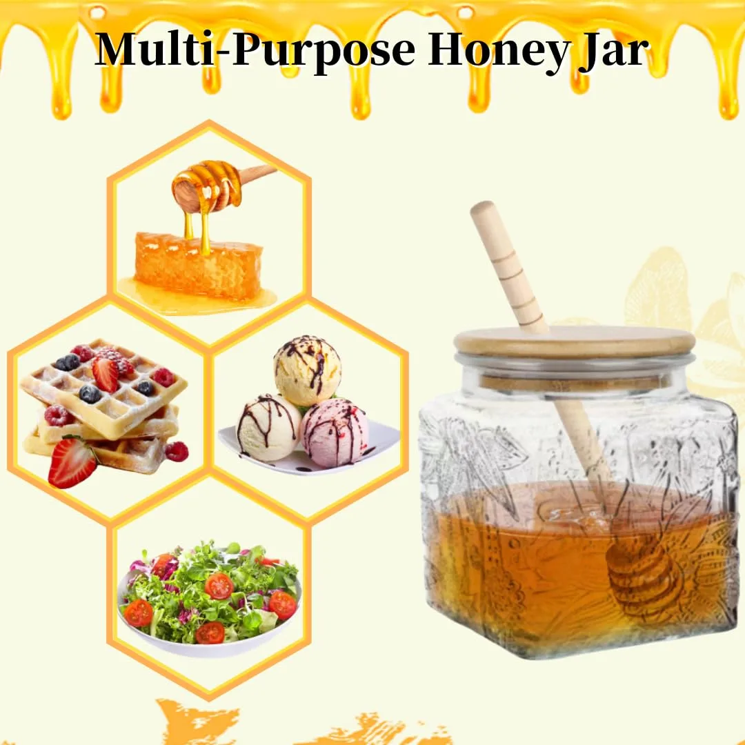 ANSQU Honey Pot, Airtight Glass Honey Jar with Bamboo Lid and Dipper Stick, Honey Container for Storing Syrup Jam Mason Jar for Home Kitchen, 17oz (Square Sunflower,1 Pack)