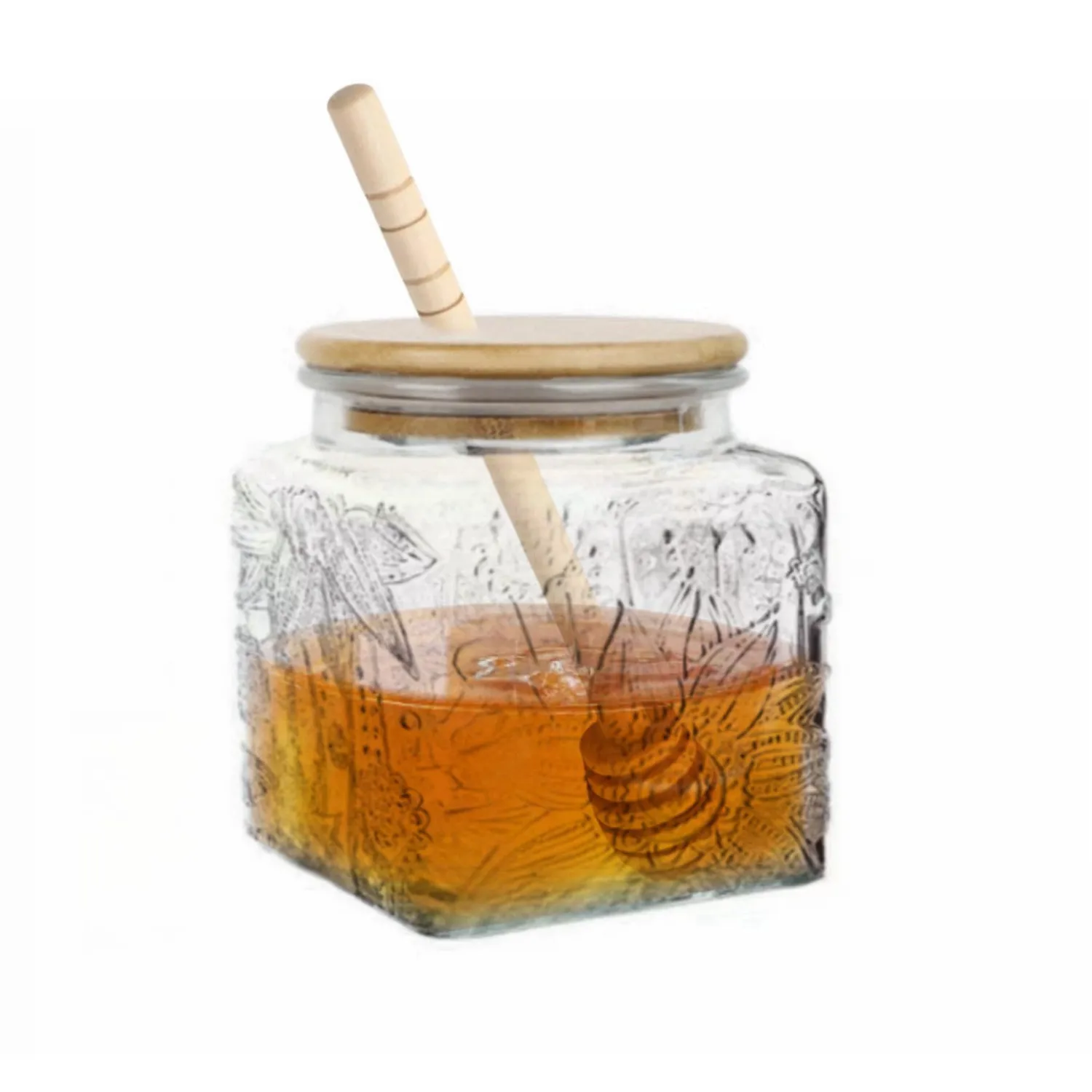 ANSQU Honey Pot, Airtight Glass Honey Jar with Bamboo Lid and Dipper Stick, Honey Container for Storing Syrup Jam Mason Jar for Home Kitchen, 17oz (Square Sunflower,1 Pack)