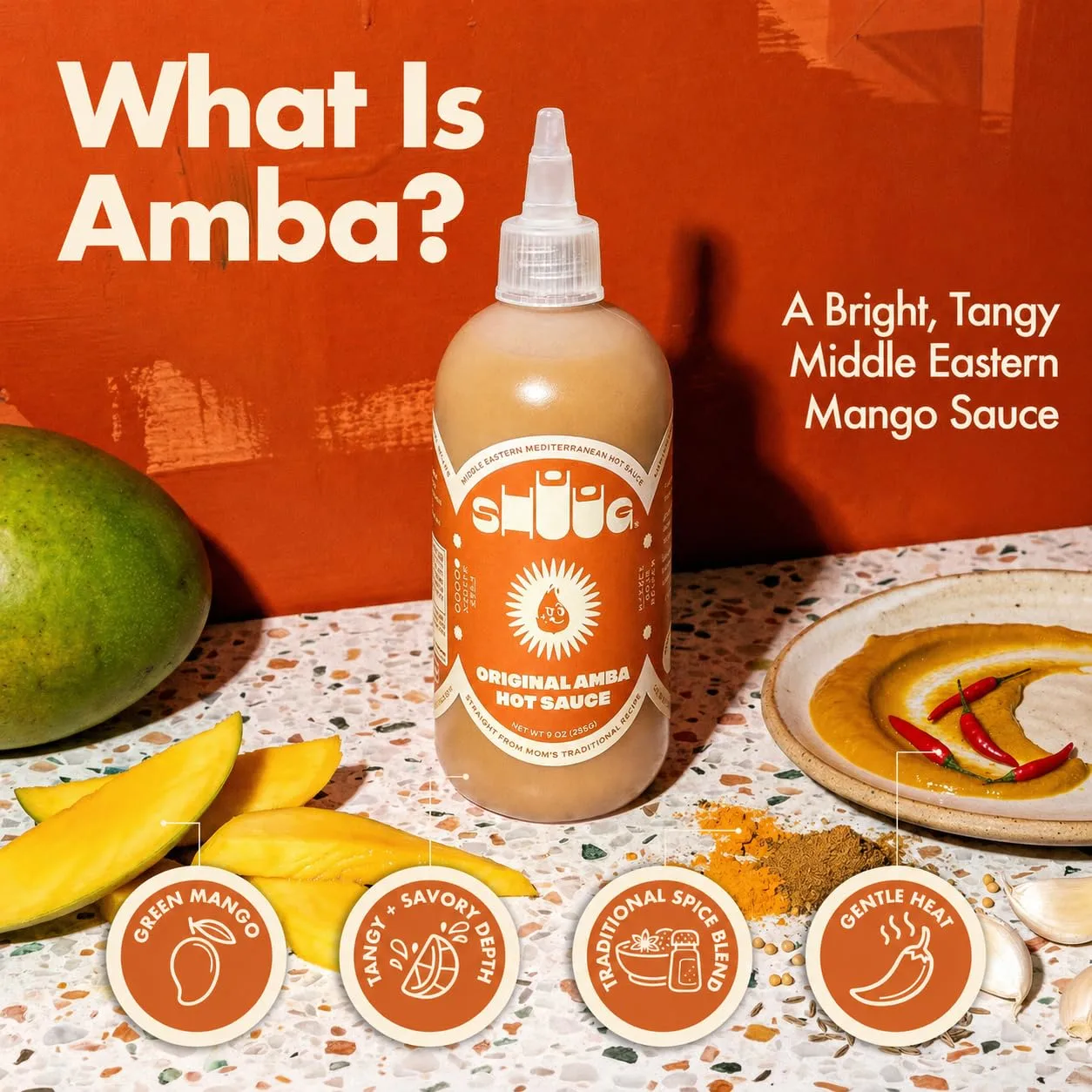 SHUUG Amba Sauce Organic (9oz) | Mango Curried Hot Sauce |Amba Mild to Medium Spice Mango | Vegan, Non-GMO, Kosher | Flavor Cooking, Dipping, Marinades