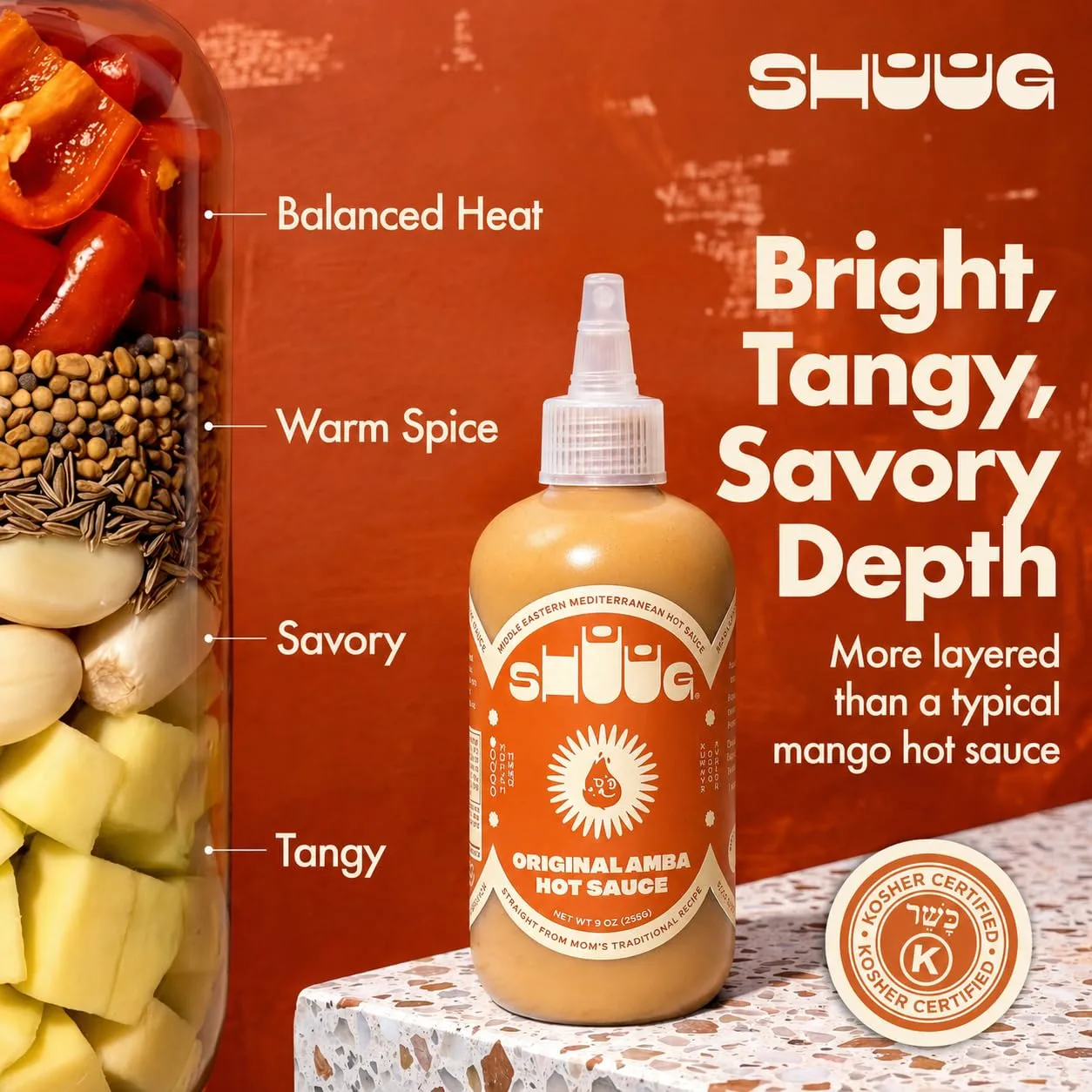 SHUUG Amba Sauce Organic (9oz) | Mango Curried Hot Sauce |Amba Mild to Medium Spice Mango | Vegan, Non-GMO, Kosher | Flavor Cooking, Dipping, Marinades