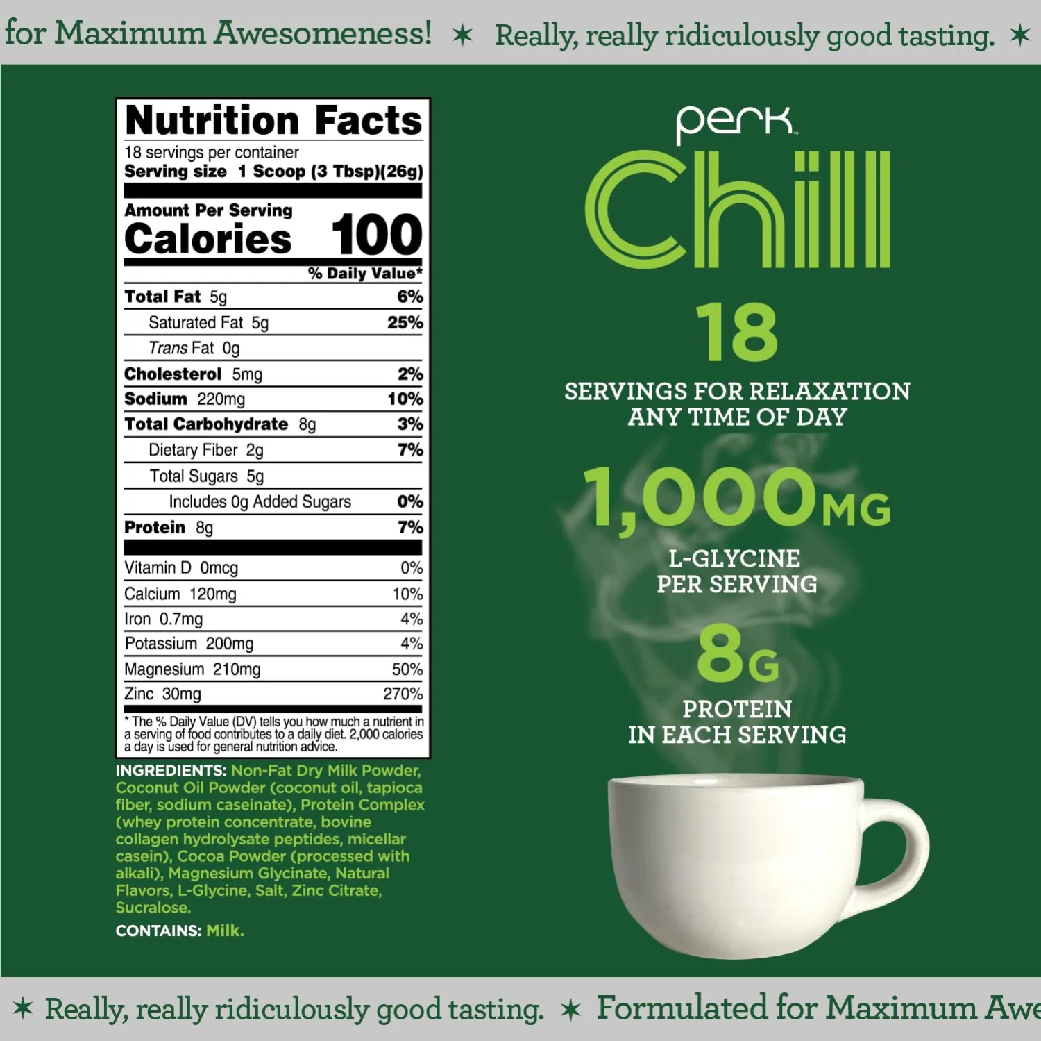 Perk Chill Drink Mix (Mint Chocolate) 18 Servings – Calming Melatonin-Free Nighttime Sleep Aid Support with Magnesium & L-Glycine, Soy-Free, Peanut-Free, Gluten-Free