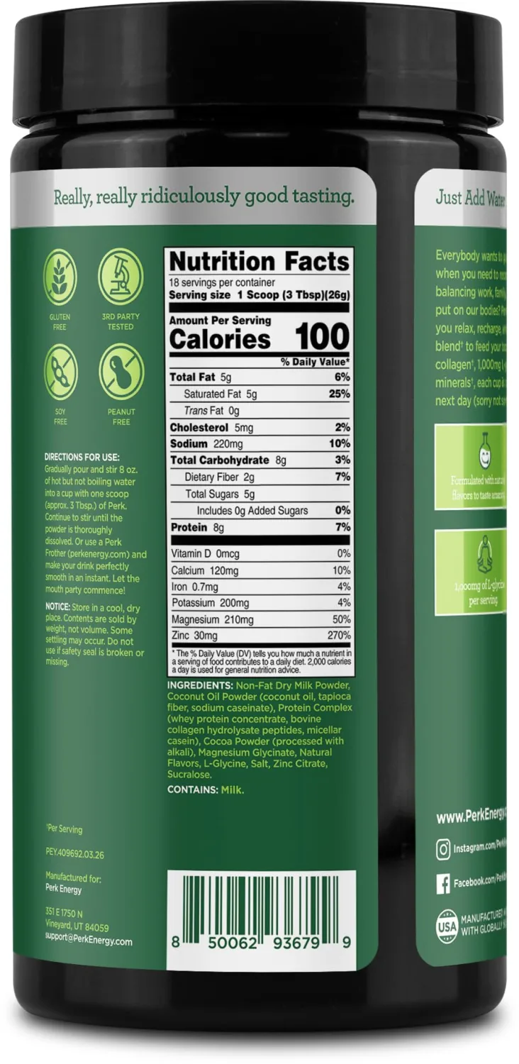 Perk Chill Drink Mix (Mint Chocolate) 18 Servings – Calming Melatonin-Free Nighttime Sleep Aid Support with Magnesium & L-Glycine, Soy-Free, Peanut-Free, Gluten-Free