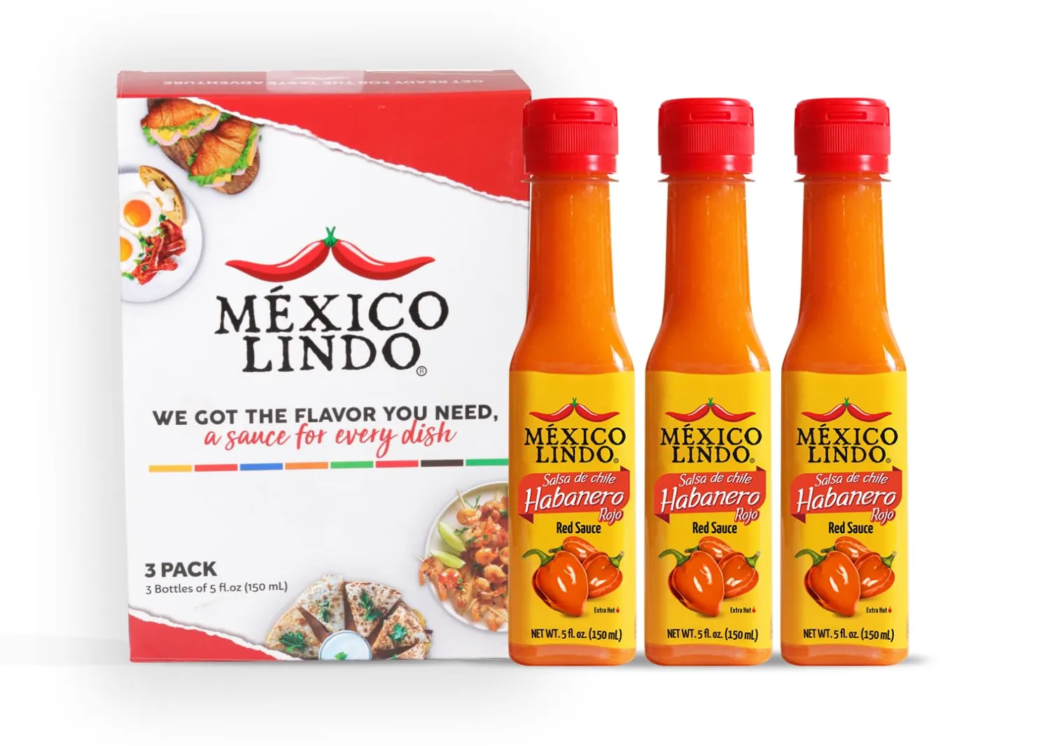 Mexico Lindo Red Habanero Hot Sauce – Hot Mexican Sauce, Spicy Pepper Condiment, 5 fl oz Bottles (Pack of 3)
