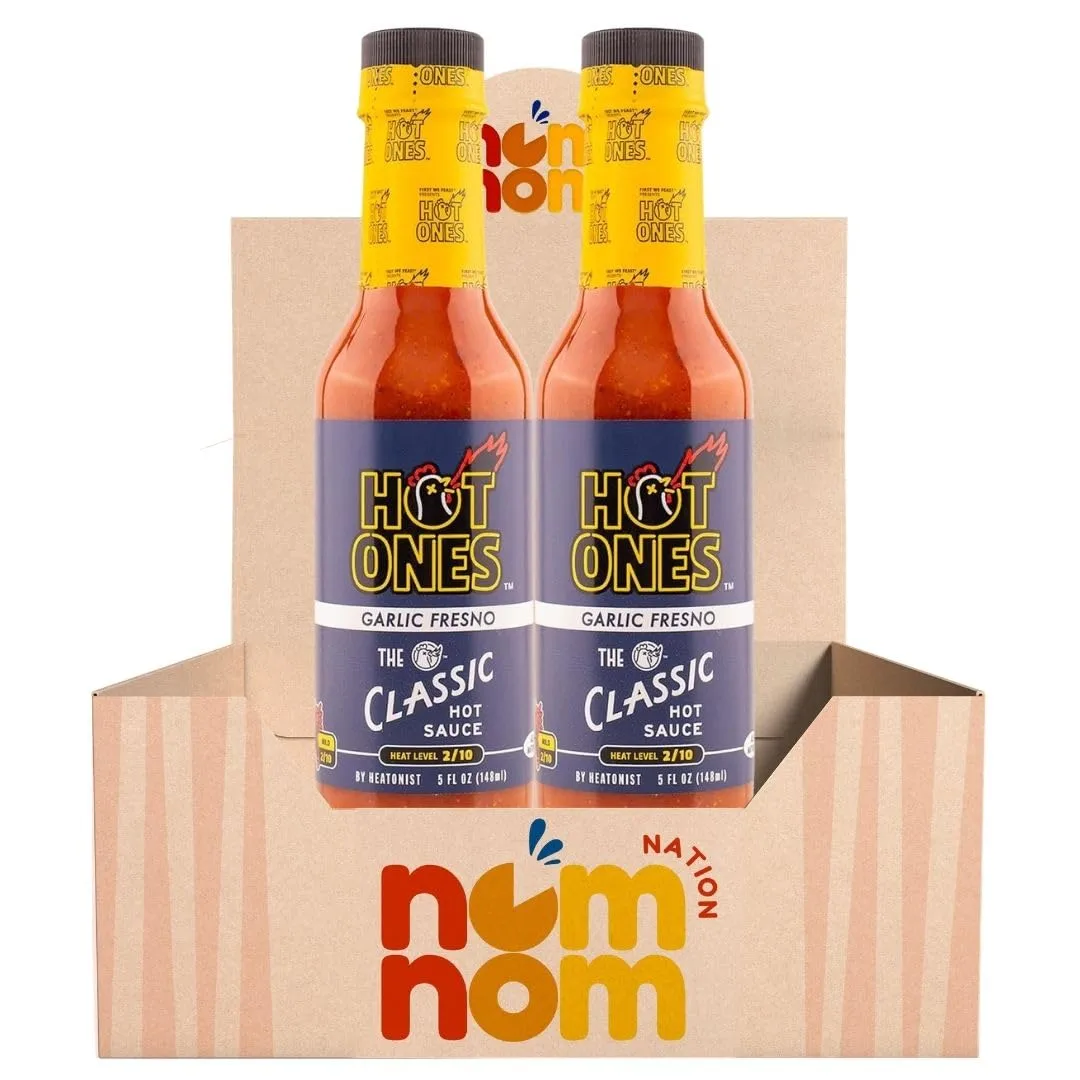Hot Ones Sauce Hot Classic Garlic Fresno – 5 oz Bottles – Pack of 2 – Hot Sauce for Wings, Tacos, Pizza and More – Versatile Asian Sauce Heat Level – Spicy Buffalo Sauce Style with a Random Item – 3 Items