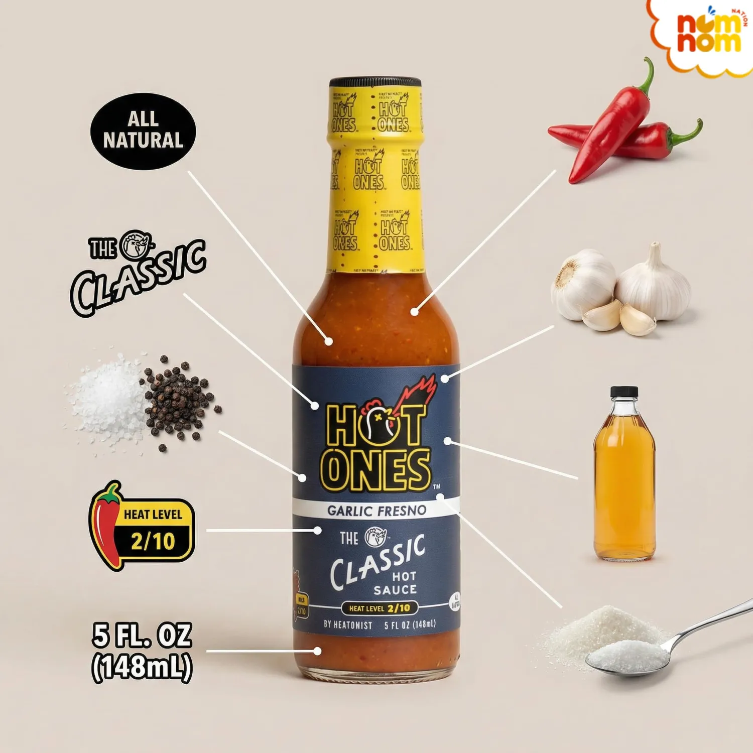 Hot Ones Sauce Hot Classic Garlic Fresno – 5 oz Bottles – Pack of 2 – Hot Sauce for Wings, Tacos, Pizza and More – Versatile Asian Sauce Heat Level – Spicy Buffalo Sauce Style with a Random Item – 3 Items
