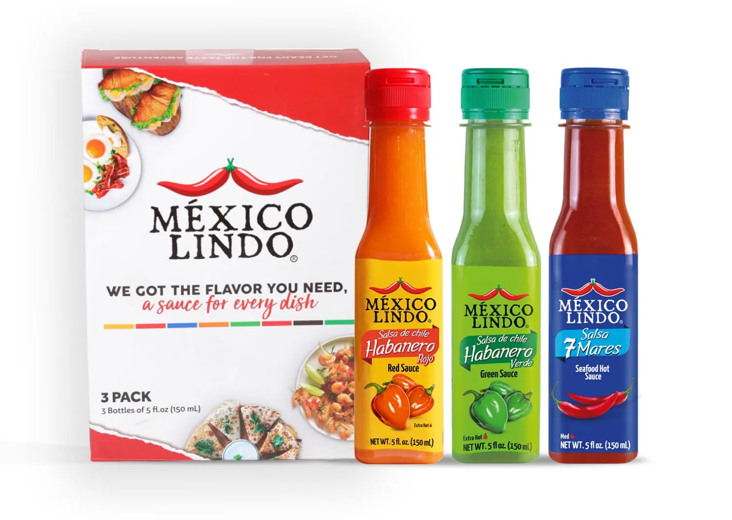 Mexico Lindo Hot Sauce Variety Pack Display with Red Habanero, Green Habanero and 7 Mares, 5 fl oz, Pack of 3