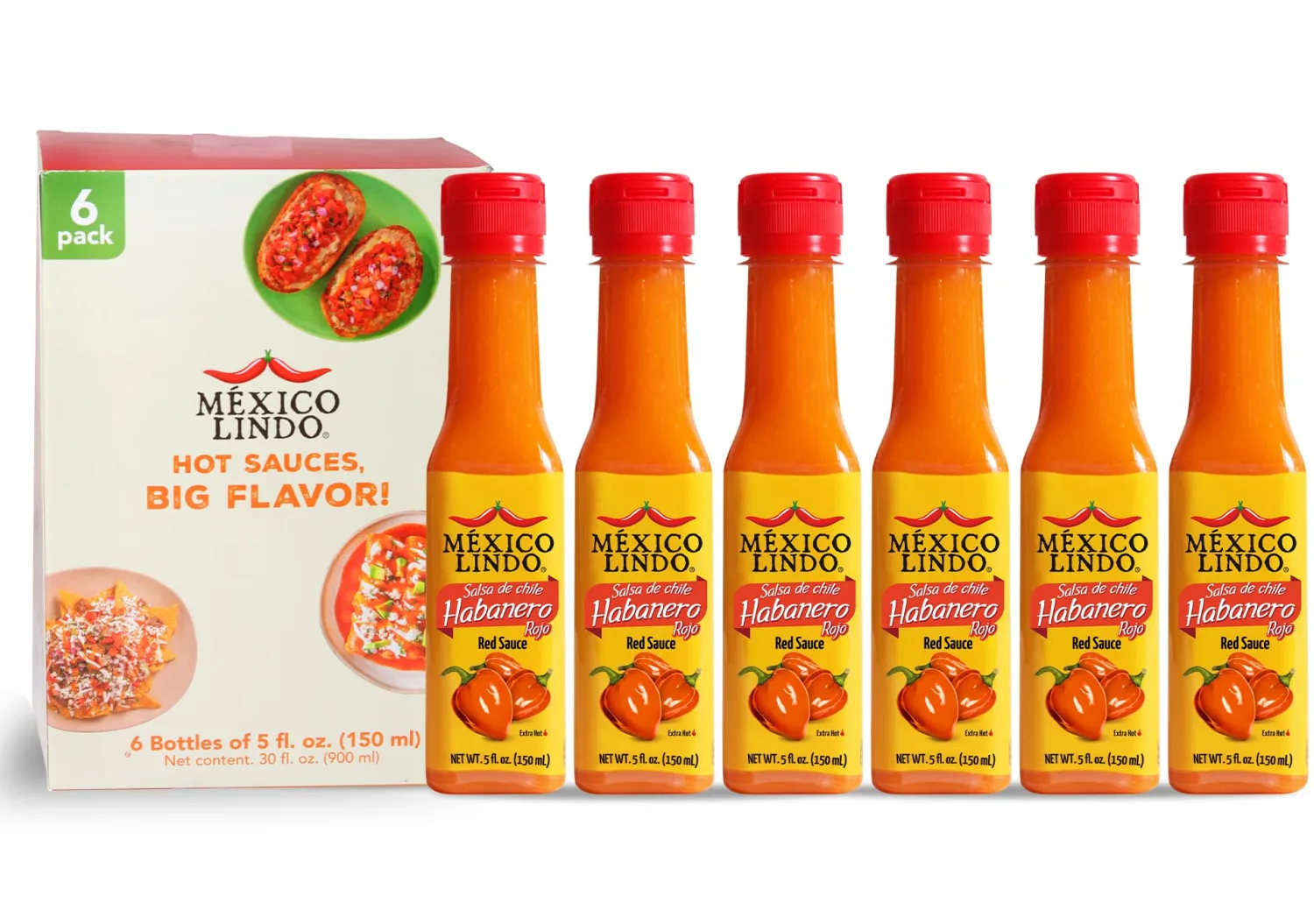 Mexico Lindo Red Habanero Hot Sauce Display, 5 fl oz, Pack of 6