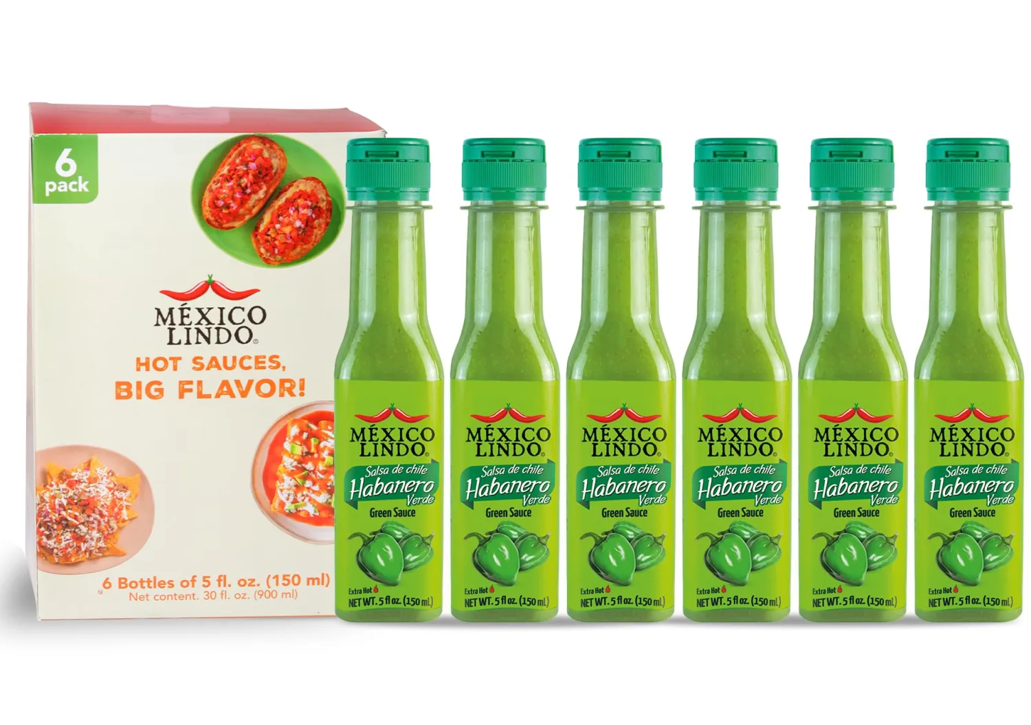 Mexico Lindo Green Habanero Hot Sauce Display, 5 fl oz, Pack of 6