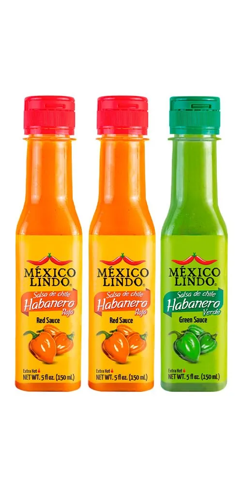 Mexico Lindo Hot Sauce Variety Pack Display with 2 Red Habanero, 1 Green Habanero, 5 fl oz, Pack of 3